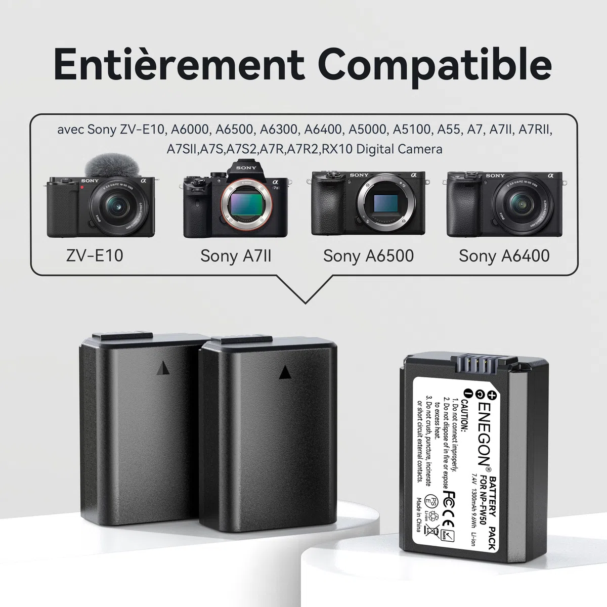 ENEGON NP-FW50 Lot de 3 batteries 1300 mAh et chargeur LCD 3 baies pour Sony Alpha A6000 A6300 A6400 A6500 ZV-E10 7RM2 A7SM2 A7M2 A7 II A7R II A7S II A5000 A5100 A5100 3000 g. RX10 II III IV NEX-3/5