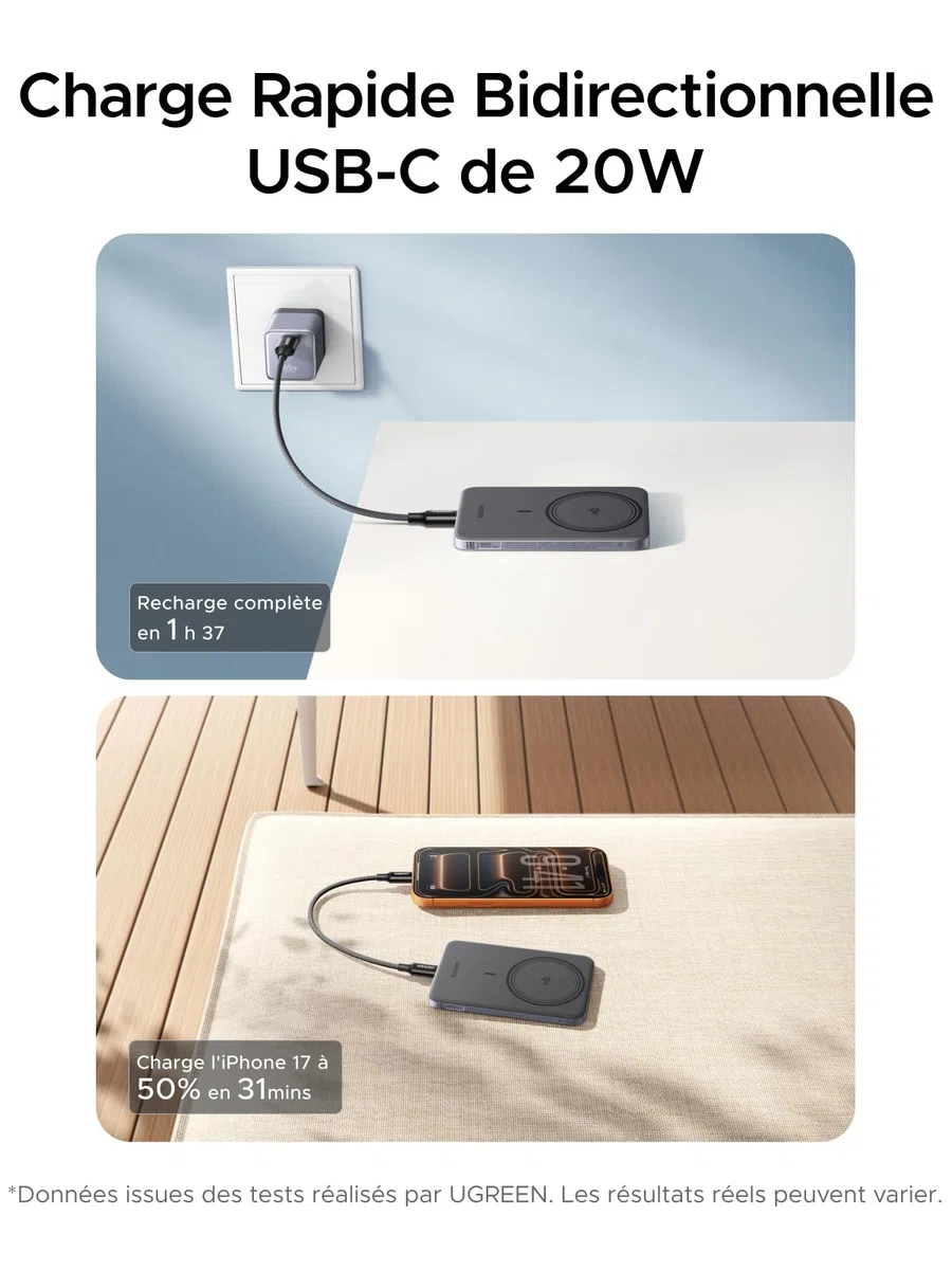 UGREEN MagFlow Air Qi2 15W Ultra Slim Power Bank MagSafe 5000mAh (Gris) | Batterie Externe USB C PD 20W Charge Rapide, Chargeur Magnétique Compatible avec iPhone 17 16 15 14 13 12 Air Plus Pro Max