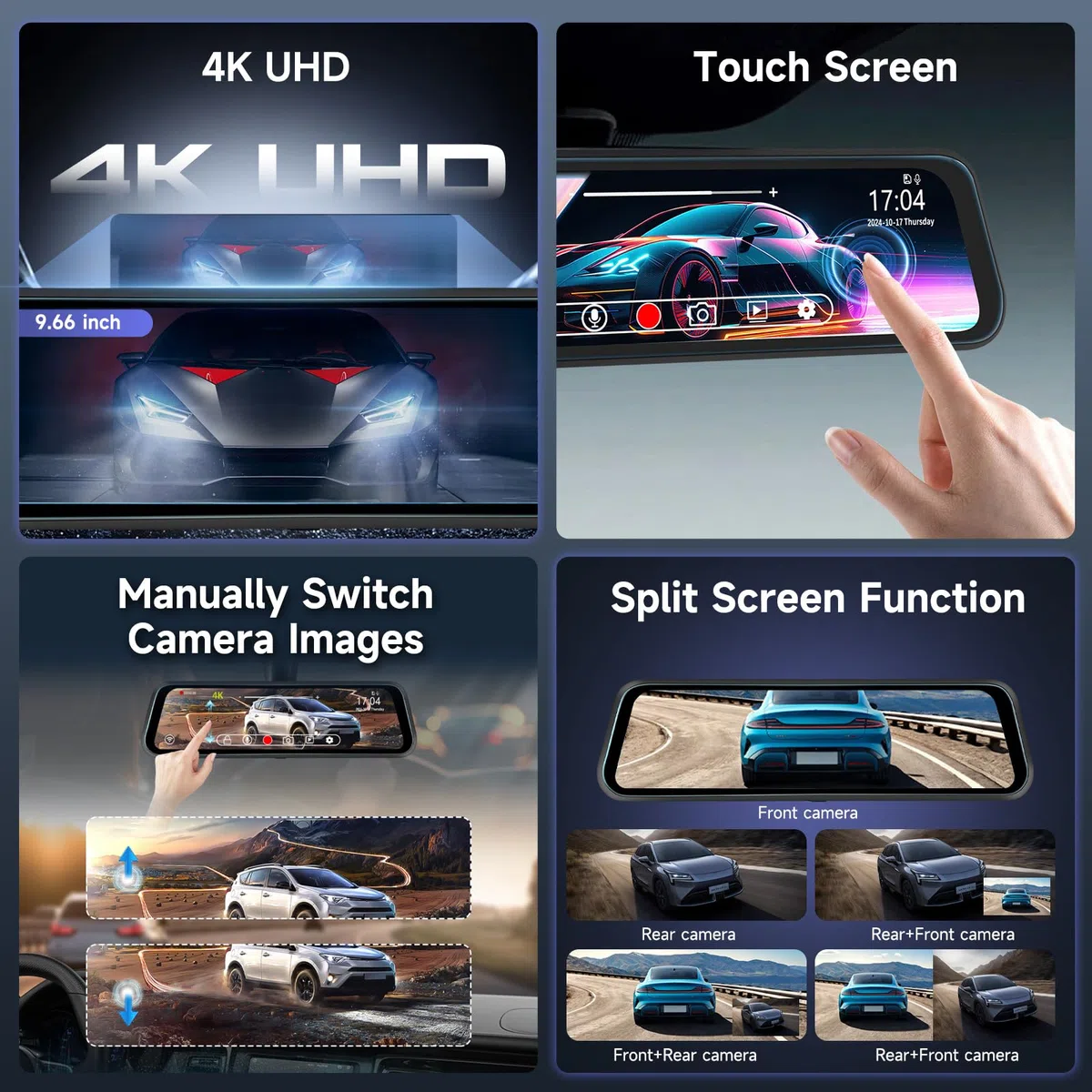 9.66‘’ 4K+1080P Dashcam Rétroviseur Wi-FI et Contrôle par Application,Carte TF 64 Go, Détection de Gravité, Surveillance du Stationnement, Assistance à la Marche Arrière, Enregistrement en Boucle