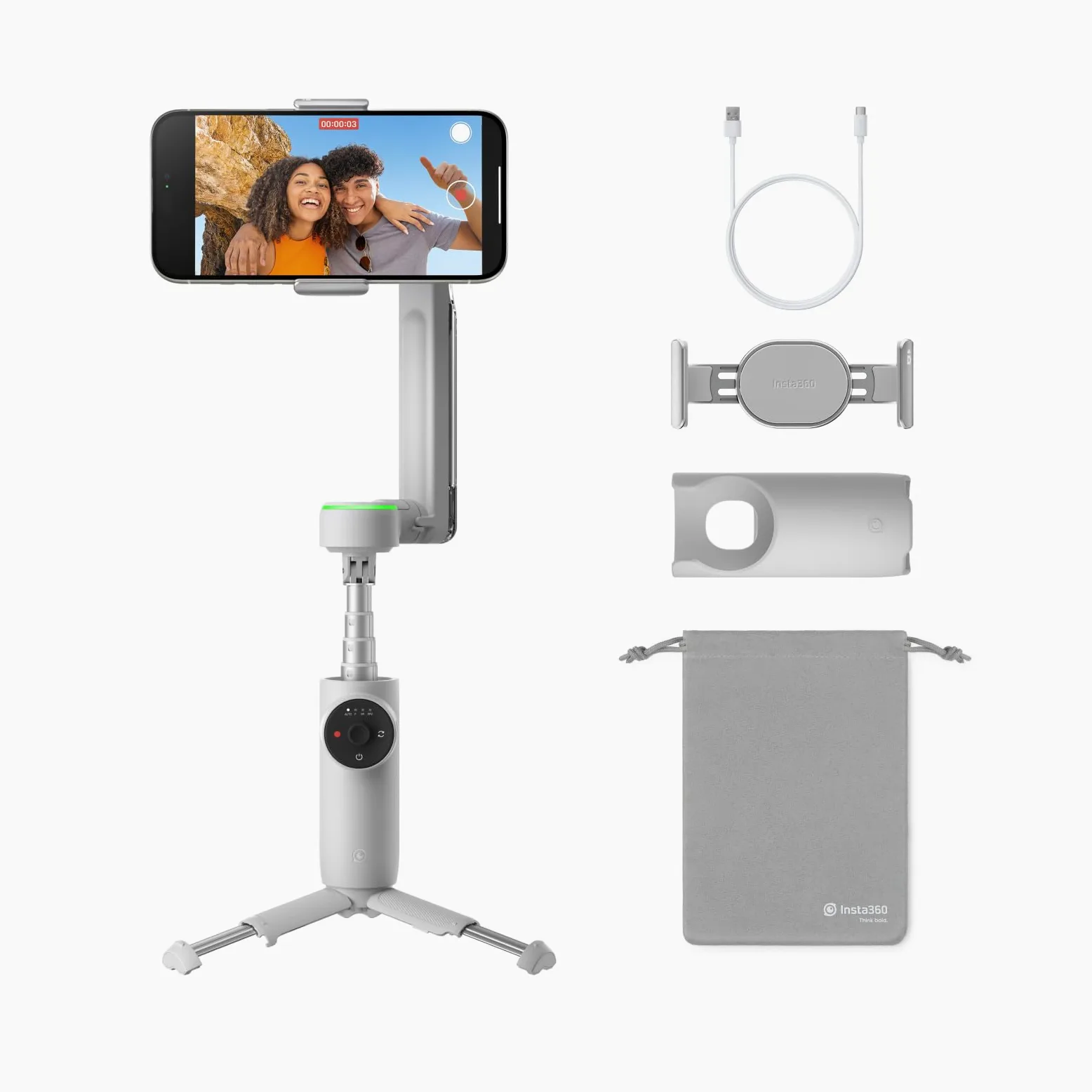 Insta360 Flow Pro Pack standard - Stabilisateur pour smartphone alimenté par l'IA, compatible Apple DockKit, suivi panoramique infini à 360º, stabilisation 3 axes, trépied intégré, portable et pliable