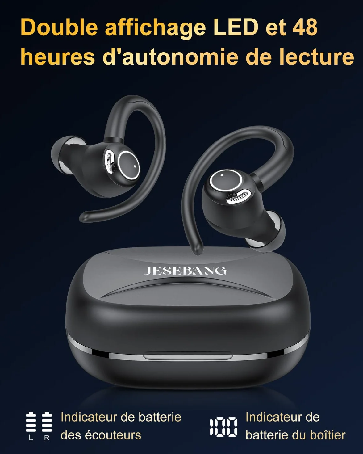 Ecouteurs Bluetooth sans Fil Sport 2026 HiFi Stéréo ENC IP7 Étanche 40H Noir