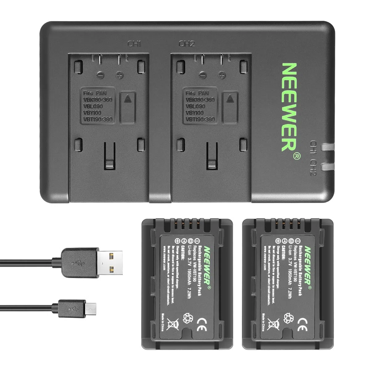 Neewer VW-VBT190 Batterie (Lot de 2/1950mAh) avec Chargeur Double USB Compatible avec Panasonic HC-V110 V130 V160 V180 HC-V201 V210 V250 HC-V380 HC-V510 V520 V550 HC-V710 V720 V750 V770 HC-VX870