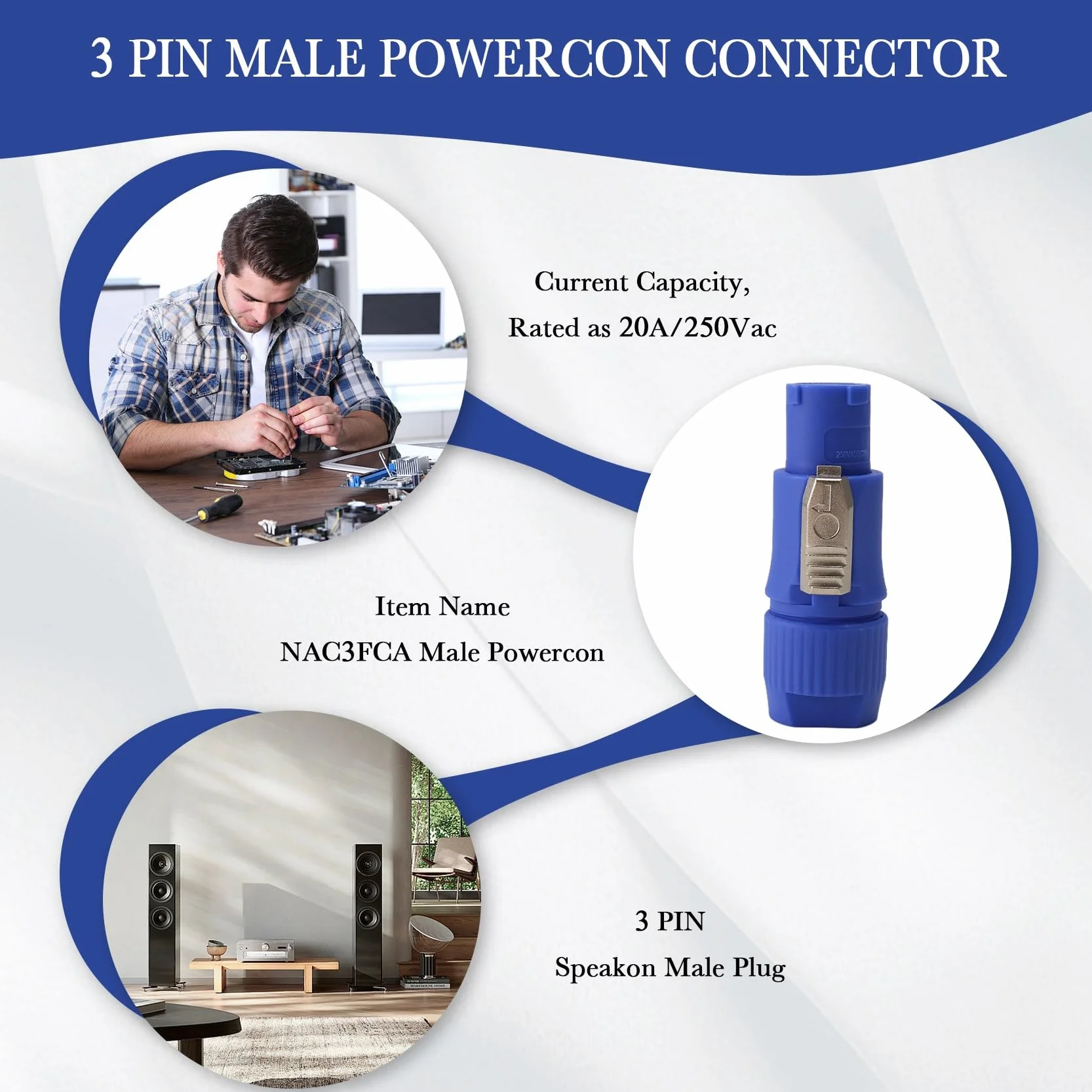Lot de 20 prises Powercon NAC3FCB 3 broches 20 A 250 V CA Bleu