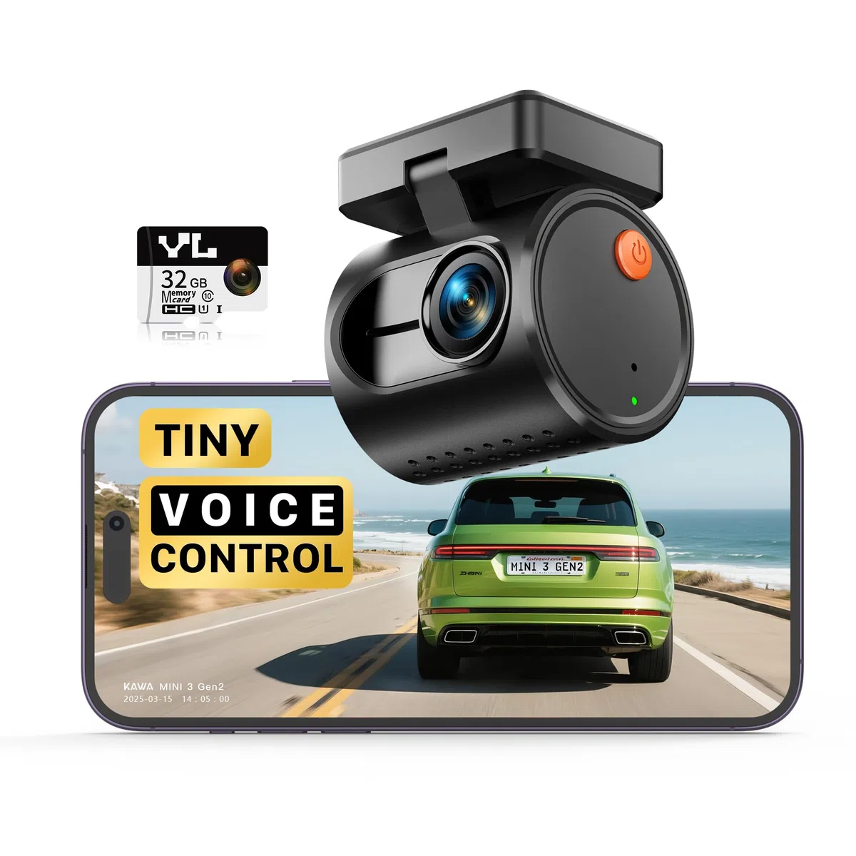 KAWA Mini Caméra de Voiture 2K 1296P QHD, Dashcam Commande Vocale, Capteur G, Carte TF 32GB Gratuite, WiFi Intégré, Contrôle APP, Vision Nocturne WDR/3D DNR, Mode Parking 24H