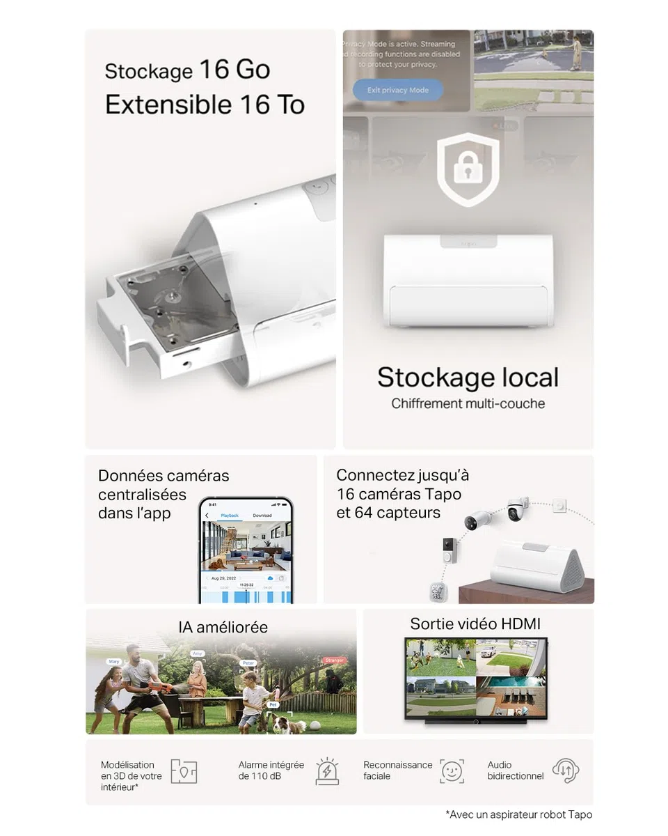Tapo KIT 4 caméras C410 Caméra de Surveillance extérieure WiFi Solaire 2K 3MP H500 Hub Intelligent pour la Maison