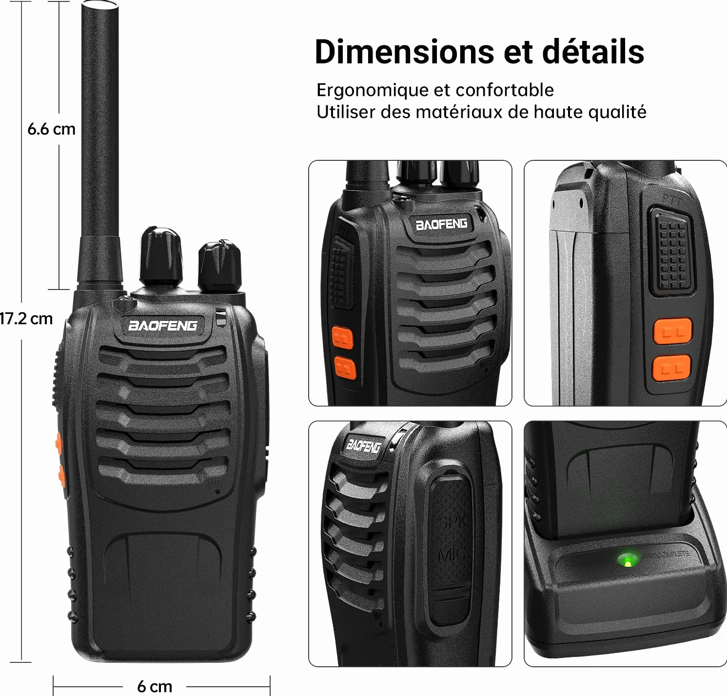 Talkie walkie Longue portée 888S Walkie Talkies Vox Rechargeable PMR 446 MHz 16 Canaux Noir 2 Pièces