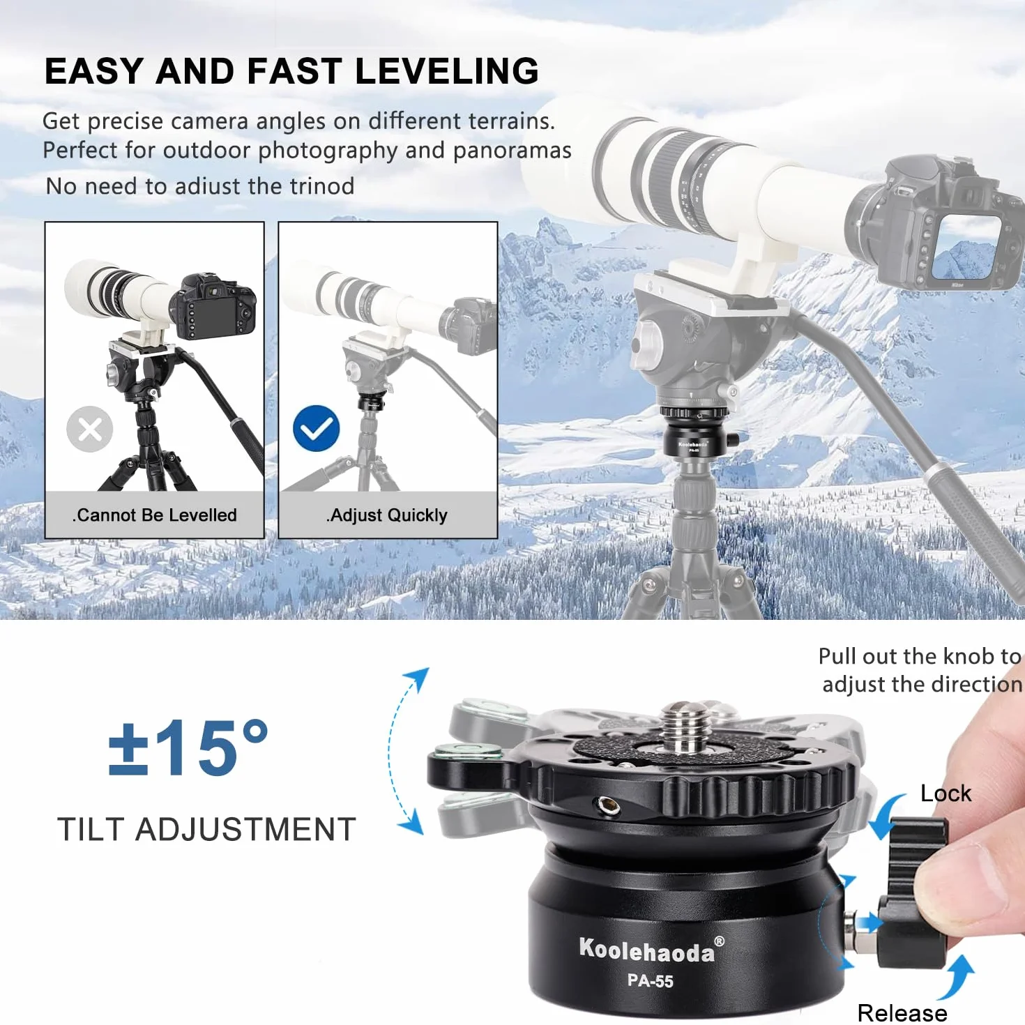 Koolehaoda PA-55 Tête de Nivellement pour Appareil Photo, Aluminium Fraisé CNC Base de Nivellement avec Filetage de 1/4 et Niveau à Bulle décalé,Charge Max 10kg