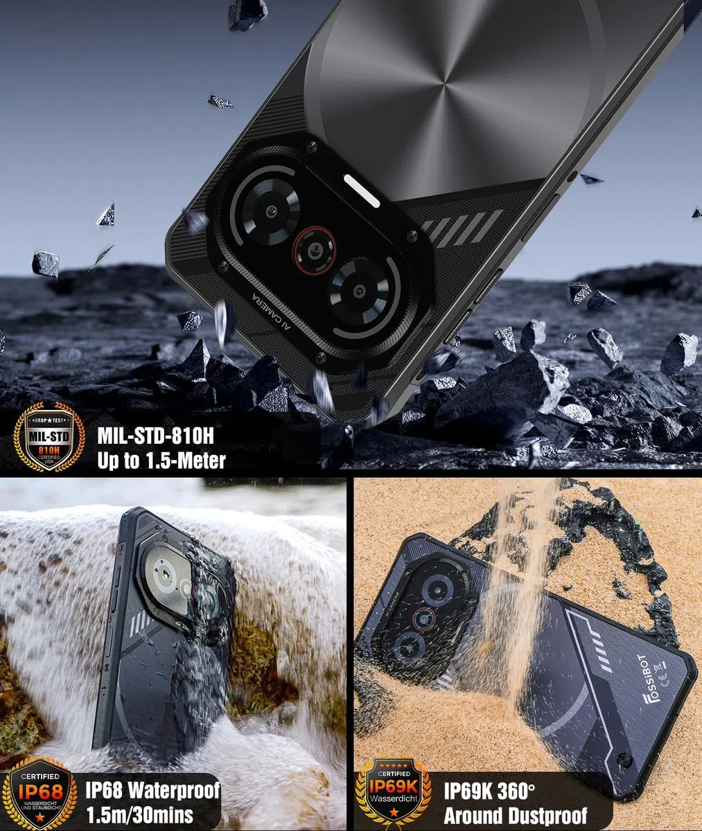 FOSSiBOT F114-28GO+256GO/2To+ écran 120 Hz Telephone Incassable Android 15 6.67''Gorilla Glass, 10.8mm Smartphone incassable léger, 50MP AI Caméra,5000mAh Telephone Portable, IP68/IP69K/NFC/4G | 10,8 mm/216 g léger