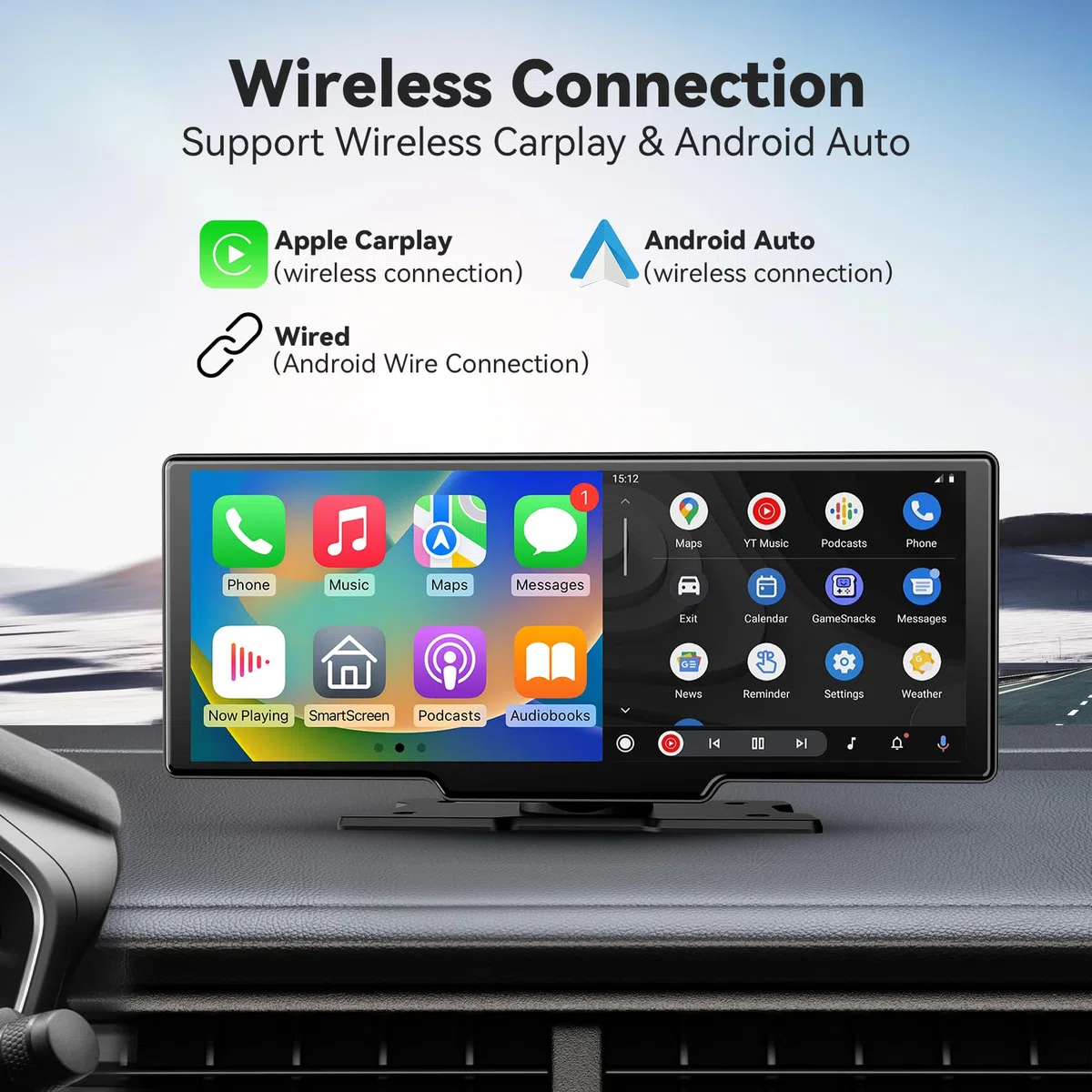 Écran Carplay sans Fil 4K 10,26 Pouces pour Voiture Android Carplay,écran de Voiture Android avec AUX/FM,Caméra embarquée,caméra de recul,Lien Miroir,Bluetooth,Navigation pour Tous Les véhicules
