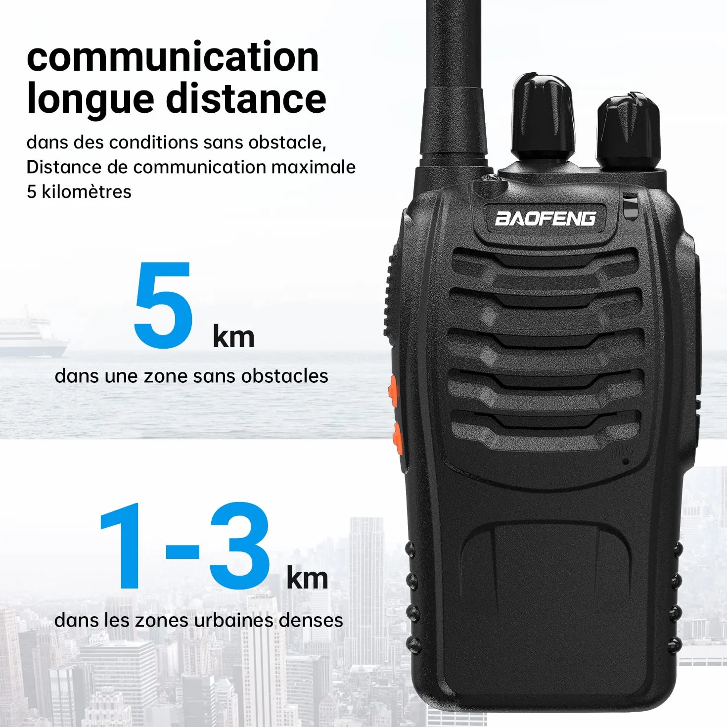 Talkie walkie Longue portée 888S Walkie Talkies Vox Rechargeable PMR 446 MHz 16 Canaux Noir 2 Pièces