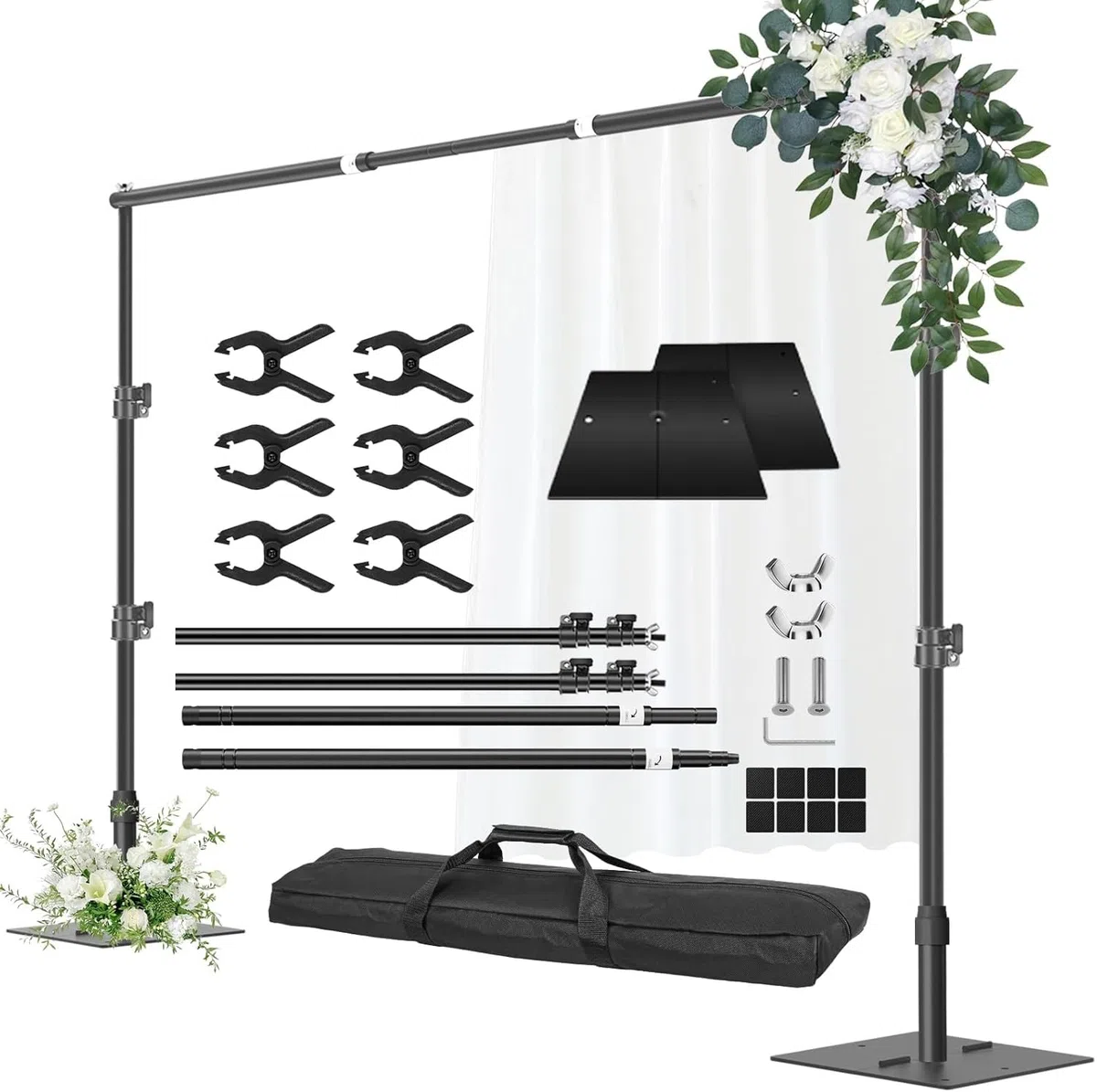 Support de Toile de Fond Robuste 2 m x 3 m avec Base en Métal | Réglable, 6 Pinces, Sac de Transport, Studio Vidéo, Mariage, FêTe