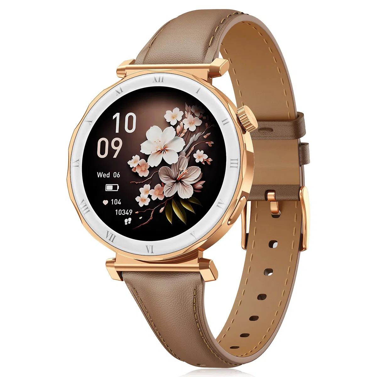 Montre Connectée Femme - Élégant Petit Poignet avec Écran AMOLED 1,19" Bracelet en Cuir Fin, Smartwatch avec Podometre, Cardiofrequencemetre/SpO2/Sommeil pour iOS/Android, Or Rose/Marron