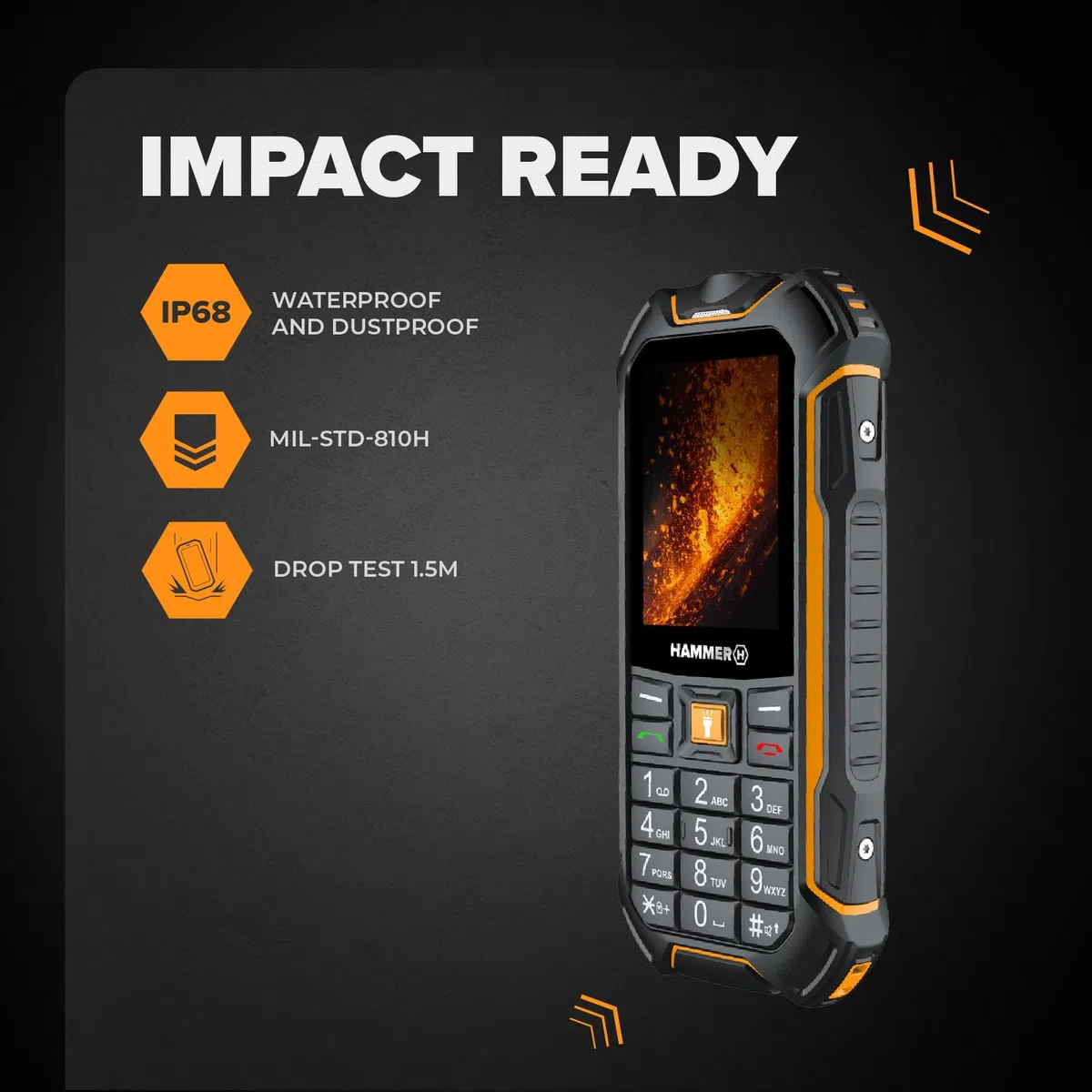 Hammer Boost 2 LTE Téléphone incassable 4G IP68, téléphone Portable Senior à Grandes Touches, Lampe Torche, écran 2,4", Dual SIM, Batterie 3500 mAh, Noir Orange