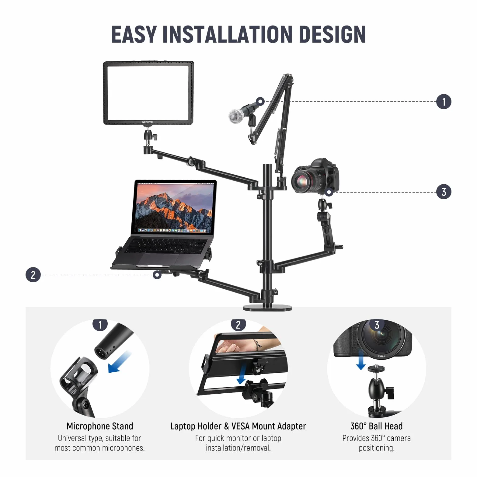NEEWER Support de caméra aérienne avec 4 Bras perches pour Photographie, vidéo, Anneau Lumineux, Webcam, Micro Compact pour Diffusion en Direct, Diffusion en Ligne, réunion d'enseignement, DS007