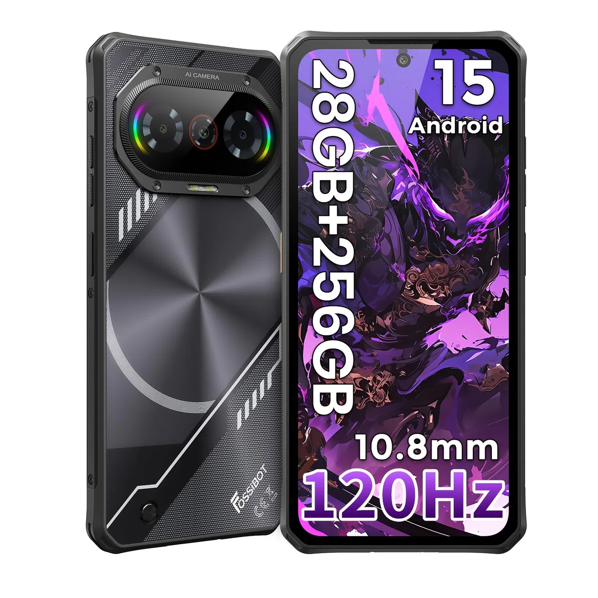 FOSSiBOT F114-28GO+256GO/2To+ écran 120 Hz Telephone Incassable Android 15 6.67''Gorilla Glass, 10.8mm Smartphone incassable léger, 50MP AI Caméra,5000mAh Telephone Portable, IP68/IP69K/NFC/4G | 10,8 mm/216 g léger