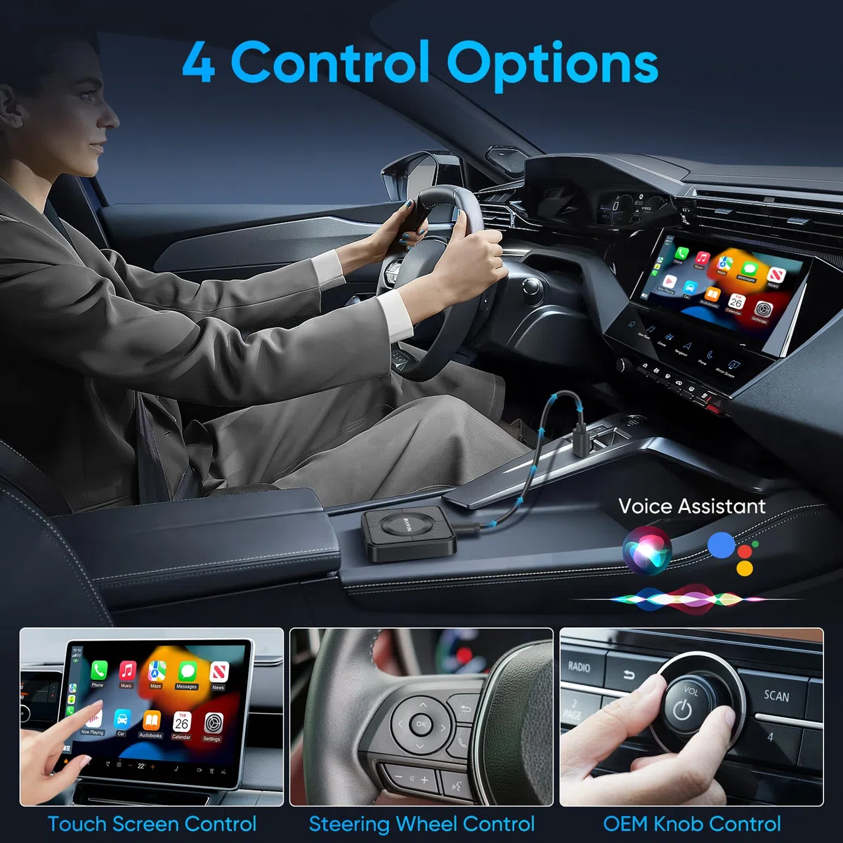 MYPIN Adaptateur CarPlay sans Fil 3-en-1, Convertisseur Le Filaire en sans Fil | Plug and Play | USB Type-C et Type A | pour iPhone et Android (Noir) | Prise en charge Netflix/YouTube et fente pour carte TF, Plug & Play, compatible avec USB Type-C/A, pour