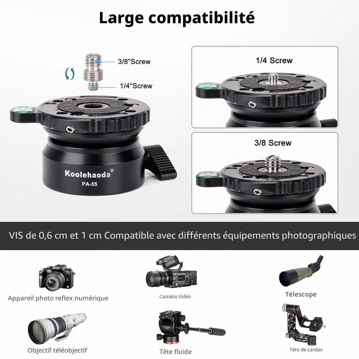 Koolehaoda PA-55 Tête de Nivellement pour Appareil Photo, Aluminium Fraisé CNC Base de Nivellement avec Filetage de 1/4 et Niveau à Bulle décalé,Charge Max 10kg