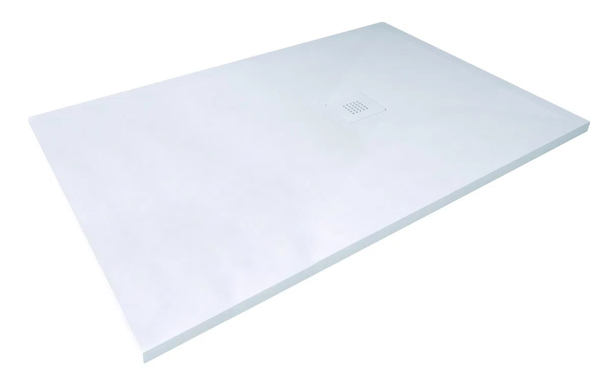 Receveur Rectangulaire NOLA3 Blanc 100x140cm Texture Imitation Pierre | Antidérapant, Grille d’écoulement, Découpable, Antibactérien, Extra Plat, avec bonde, Installation simple et rapide