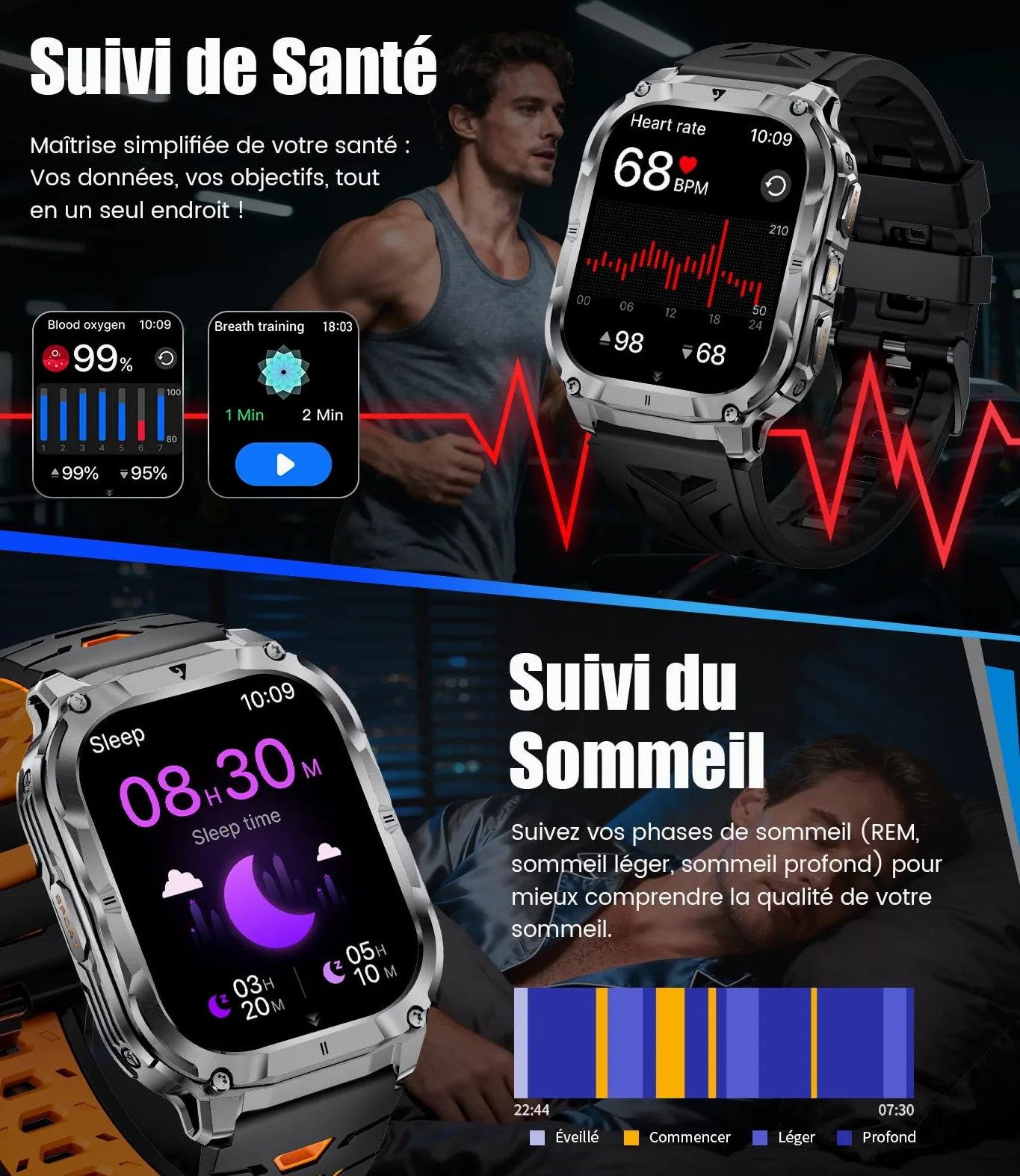 LIGE Montre Connectée Homme（3 Bracelets）, Smartwatch avec Torche LED/Batterie 1000mAh/2.0" HD Grand Écran/Appel Bluetooth/Cardiofréquence/Analyse Sommeil/100+Modes Sport, Smart Watch Android/iOS