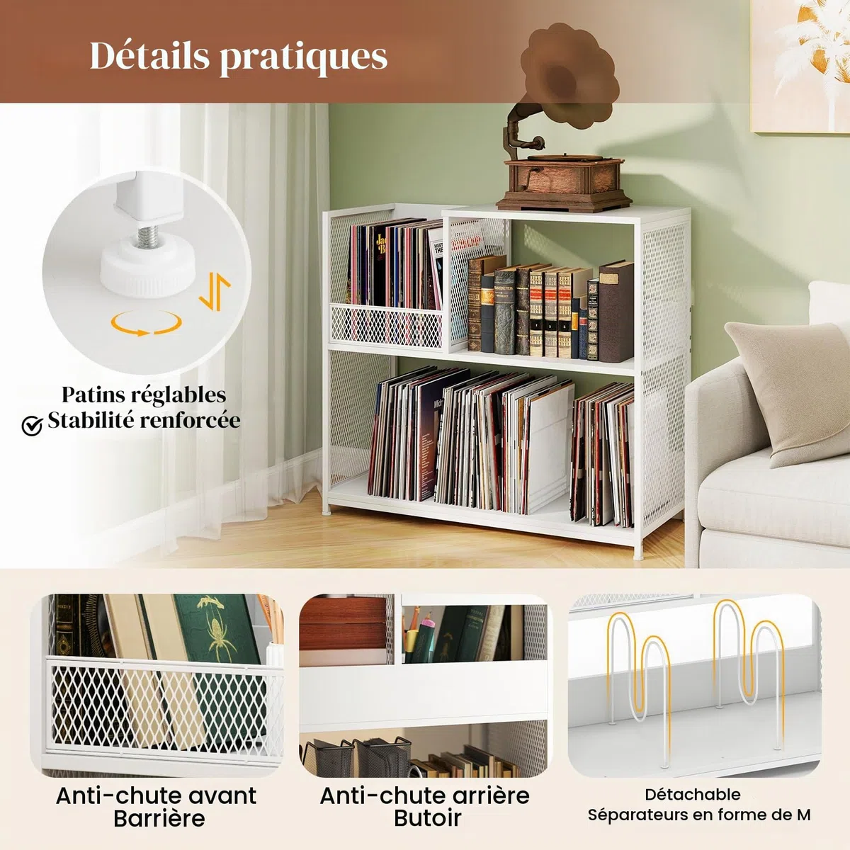 KOMFOTTEU Support de Disque Vinyle pour 300 Albums, Meuble Platine 3 Niveaux avec 3 Séparateurs Amovibles, Meuble Tourne-Disque, Pieds réglables, Style Vintage, 83 x 36 x 76,5 cm (Blanc)