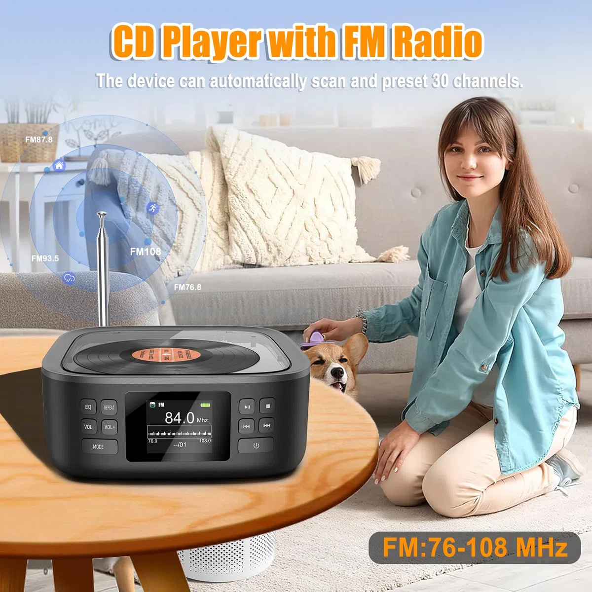 Lecteur CD Portable Bluetooth Rechargeable avec Enceinte Télécommande Audio | Lecteur CD Boombox avec Haut Parleur Radio FM Écran Led Stéréo en Charge AUX3.5mm/USB Prise Casque pour Enfant Maison Voiture