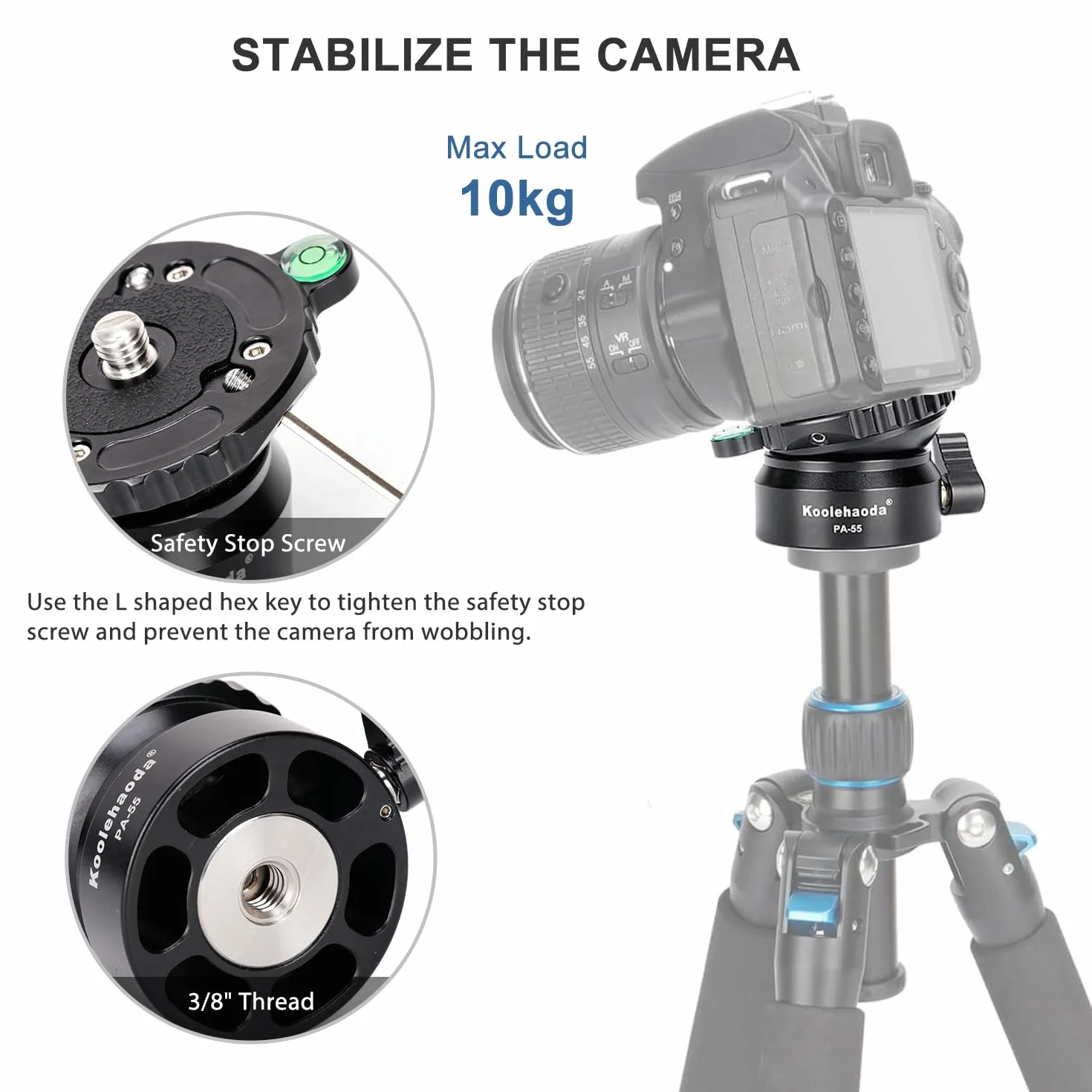 Koolehaoda PA-55 Tête de Nivellement pour Appareil Photo, Aluminium Fraisé CNC Base de Nivellement avec Filetage de 1/4 et Niveau à Bulle décalé,Charge Max 10kg