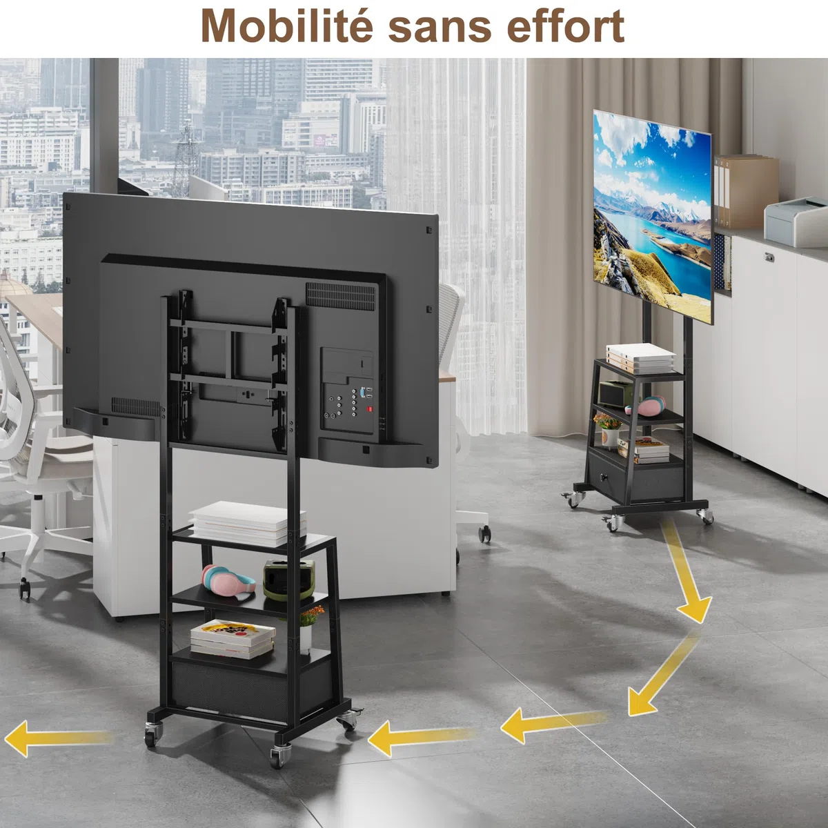 Support TV sur Pieds Support TV roulettes 32-60" VESA 400x400, Noir | Tiroir Tissu, Rangement Étagère, Hauteur Réglable, Charge 40kg, Facile à Assembler, Salon/Chambre/Bureau