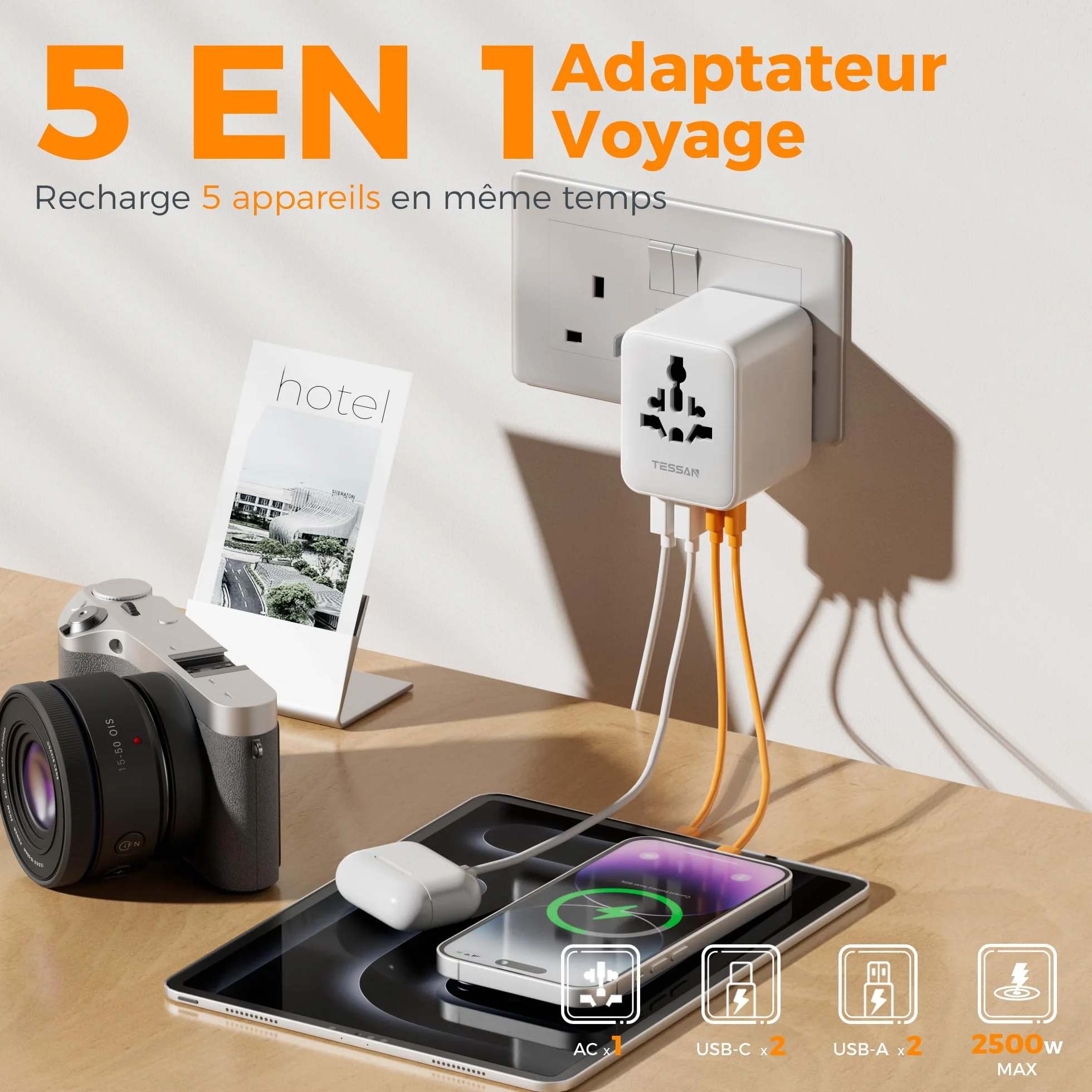 TESSAN Adaptateur Prise Universelle, Chargeur Universel 2 USB C 2 USB A Voyage France vers UK USA Canada Australie
