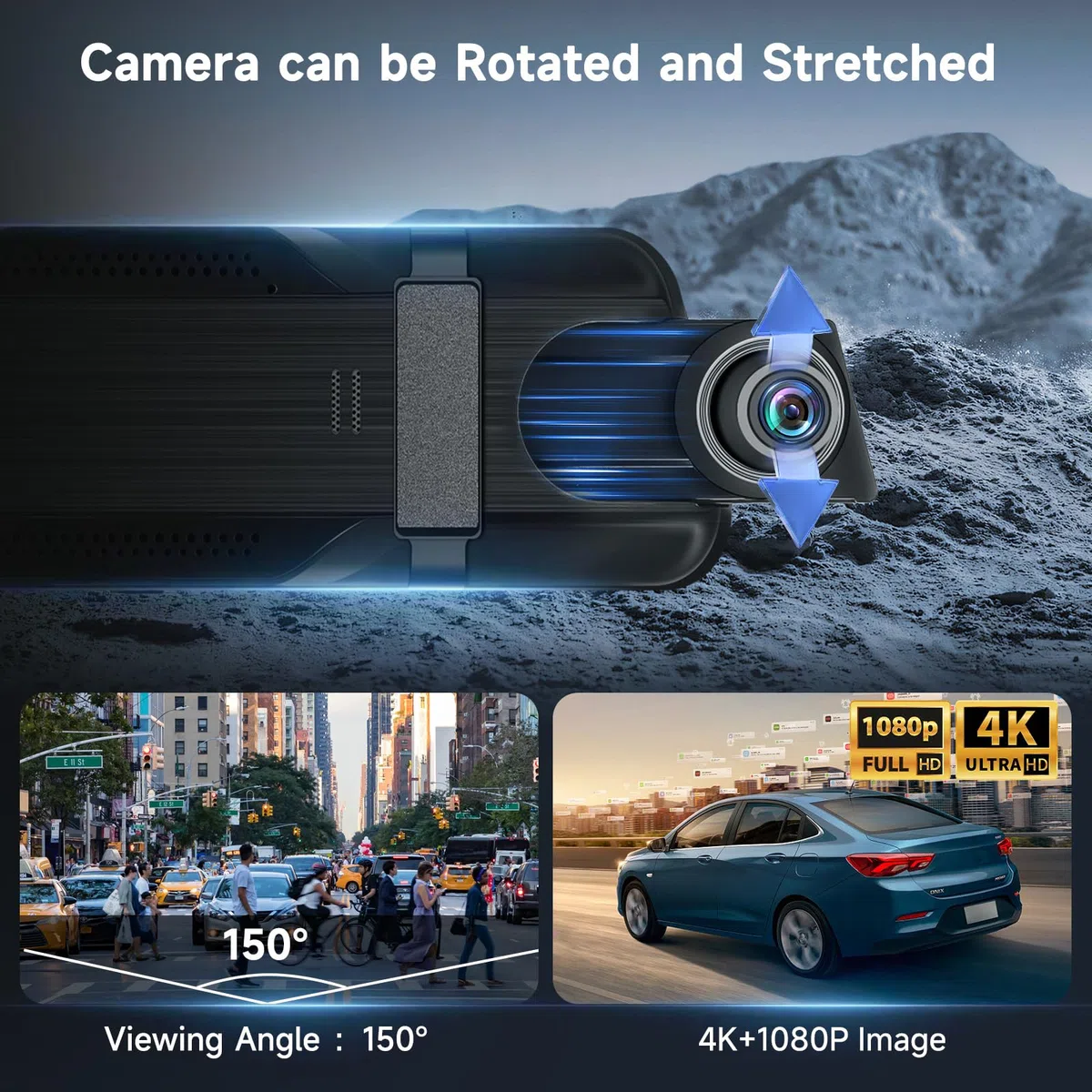 9.66‘’ 4K+1080P Dashcam Rétroviseur Wi-FI et Contrôle par Application,Carte TF 64 Go, Détection de Gravité, Surveillance du Stationnement, Assistance à la Marche Arrière, Enregistrement en Boucle