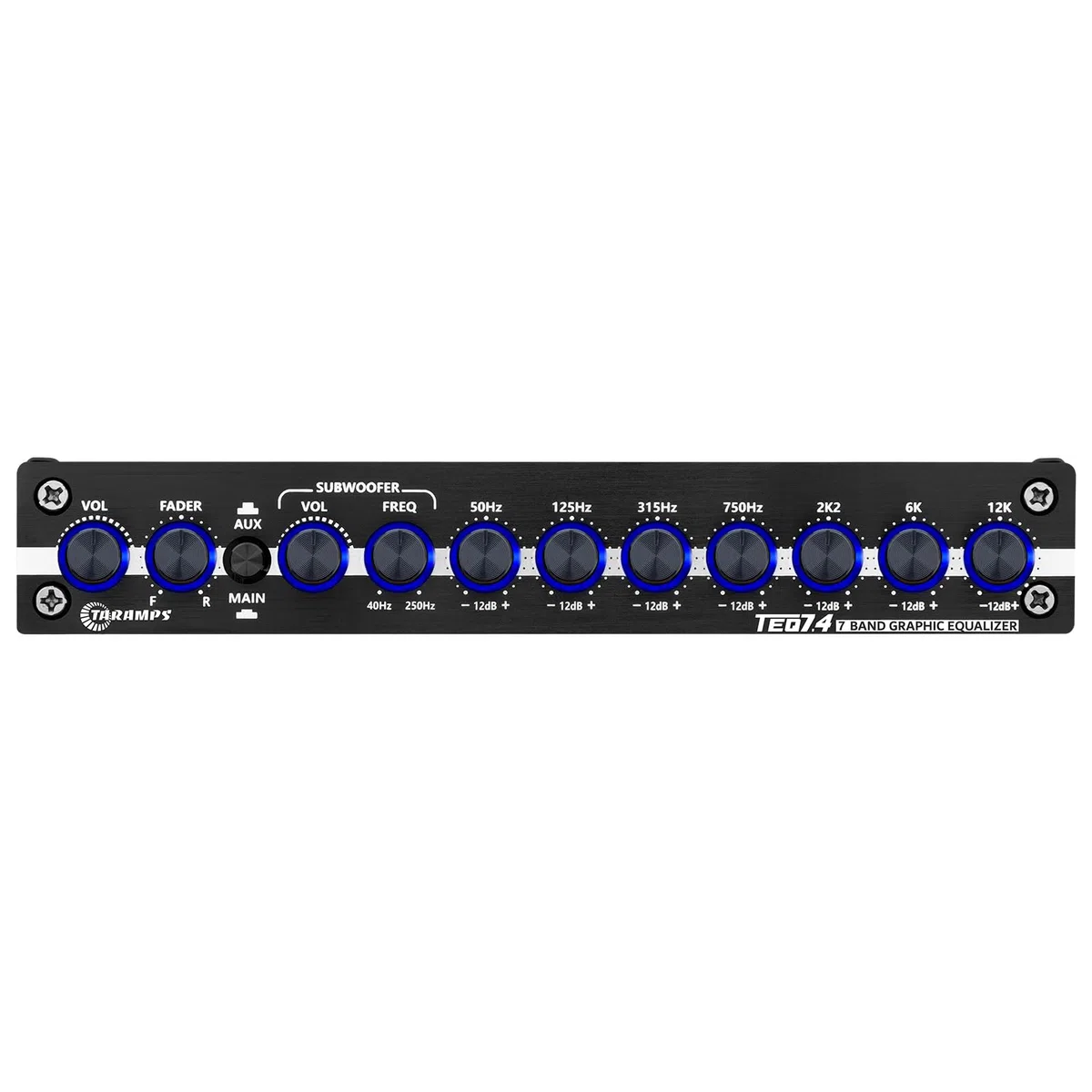 Taramps TEQ 7.4 Égaliseur Graphique stéréo 7 Bandes pour Voiture Entrée/Sortie RCA, Gain auxiliaire, contrôle du Fader, 2 canaux d'entrée, 3 canaux de Sortie, égaliseur de Son LED Bleue