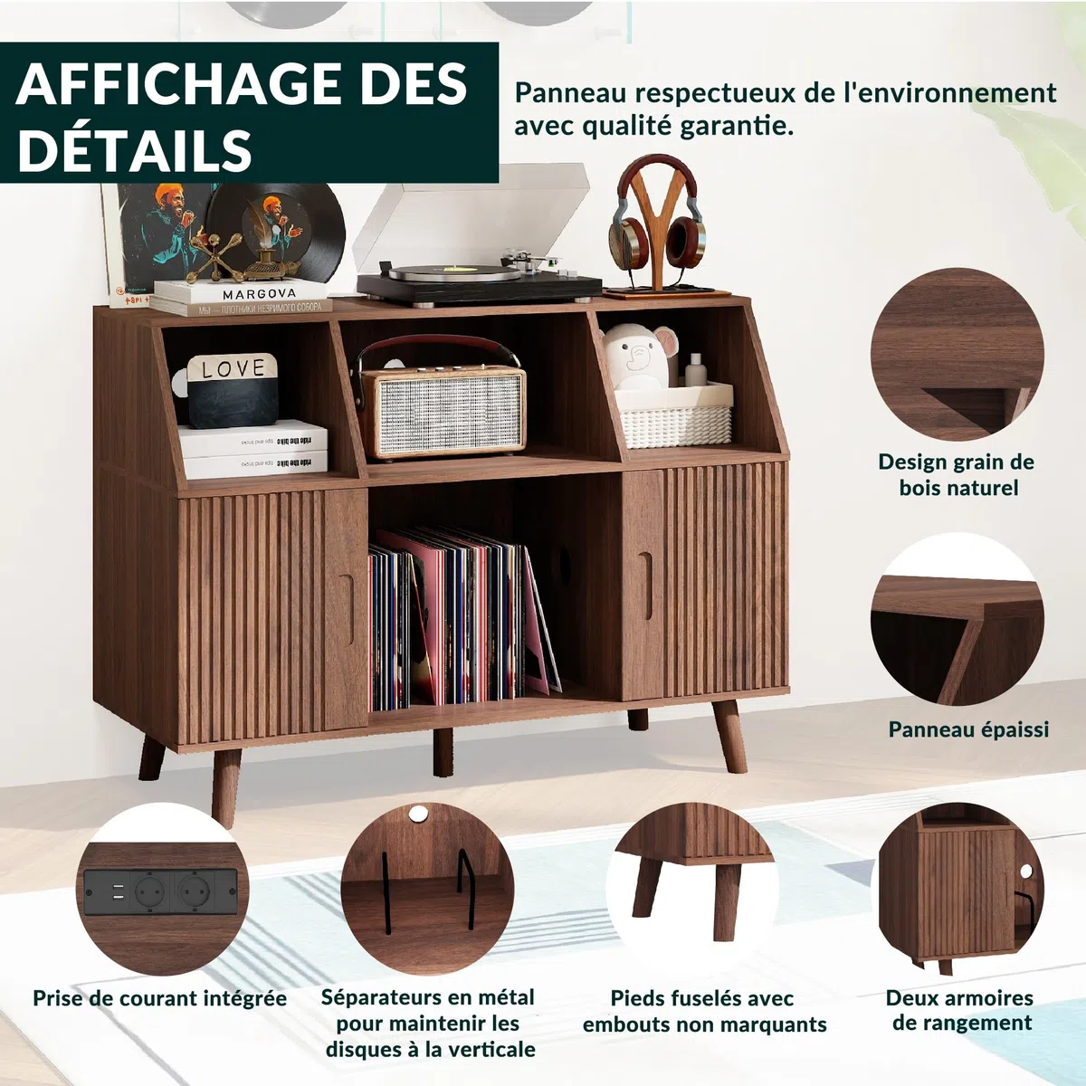 Meuble Platine Vinyle avec Rangement Bois, Meuble de Rangement Vinyle et Tourne Disque, Grande Table Tourne-Disque, Jusqu’à 350 Rétro pour Salon, Chambre ou Bureau