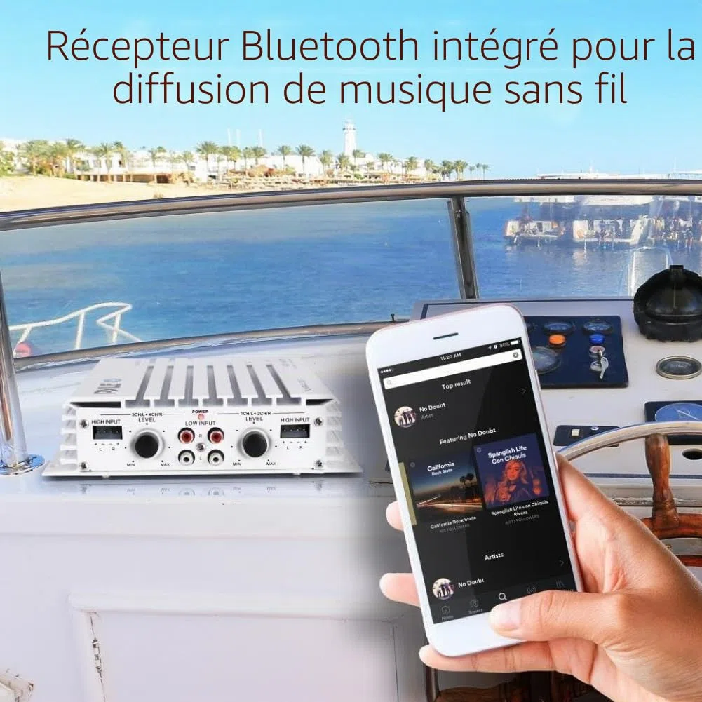KIT SET POUR PYLE PLMRA410BT 1 Amplificateur marin 4 canaux, classe AB, 4 x 100 watts max, étanche, connectivité Bluetooth 2.1, pour piscines, bateaux, bateaux, 1 pièce + câbles gratuits