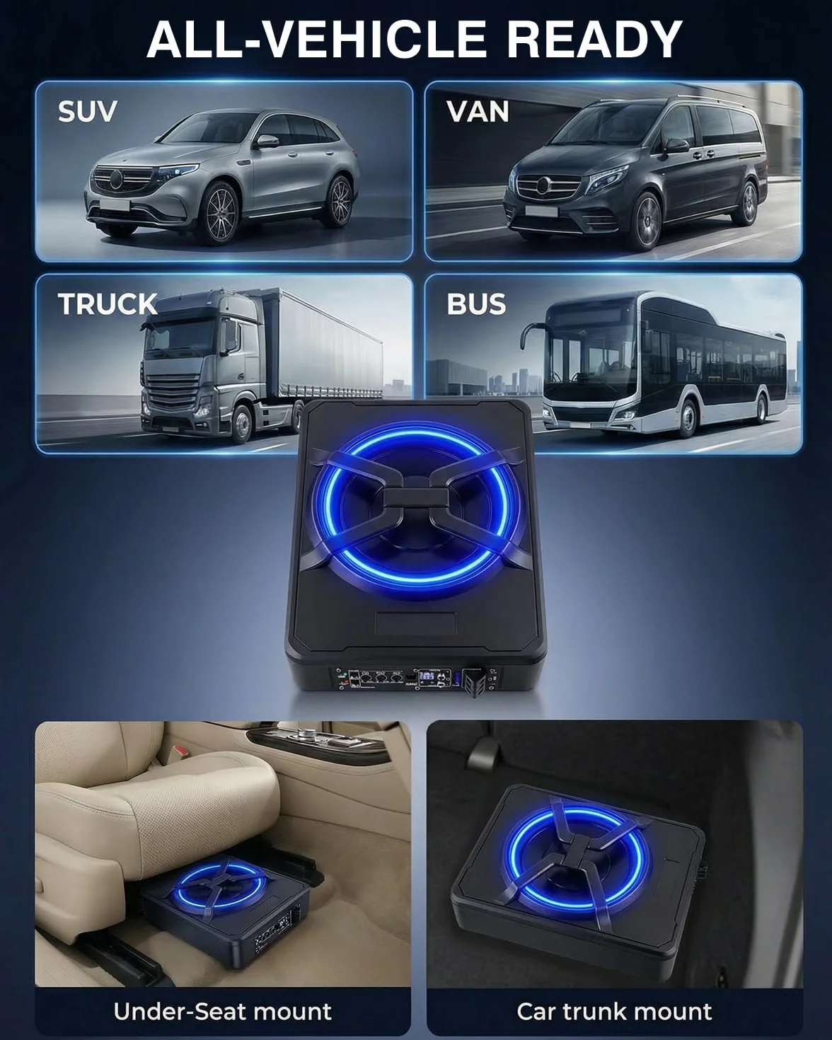 Subwoofer Actif pour Voiture, s'adapte sous Les sièges, Puissance maximale 1200 W, 10 Pouces, avec éclairage d'ambiance, Module amplificateur intégré, subwoofer Compact et Puissant