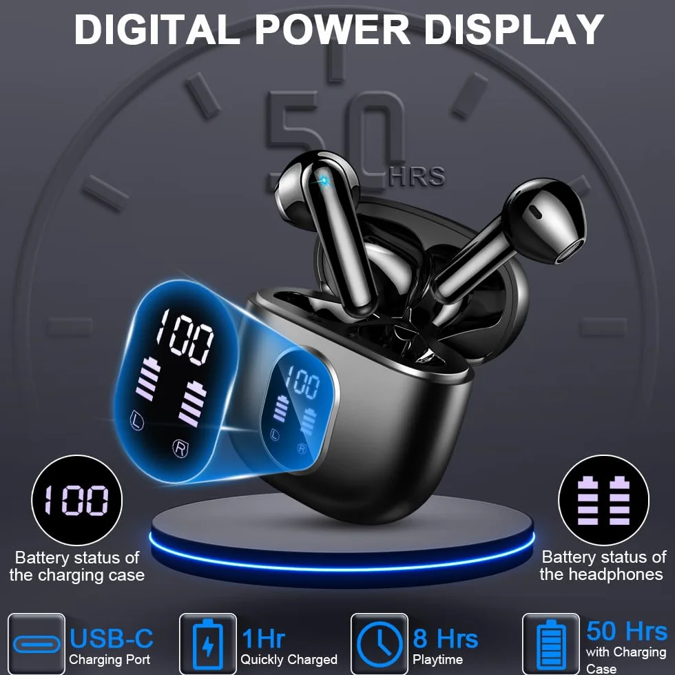 Écouteurs Bluetooth sans Fil 5.3, HiFi Stéréo Basses, 50H Autonomie, 4 ENC Réduction de Bruit, IP7 Étanche, Écran LED