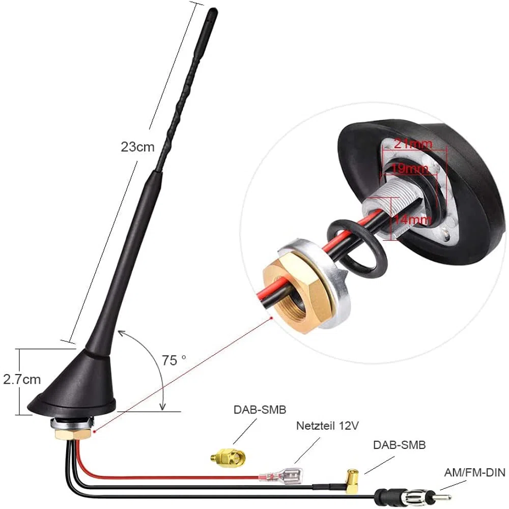 Eightwood Antenne Radio Toit Voiture Connecteur DIN SMB SMA Tige 23cm | Antenne combinée DAB/FM/AM Câble 5M avec Amplificateur de Signal Pour Pioneer Kenwood Caravane
