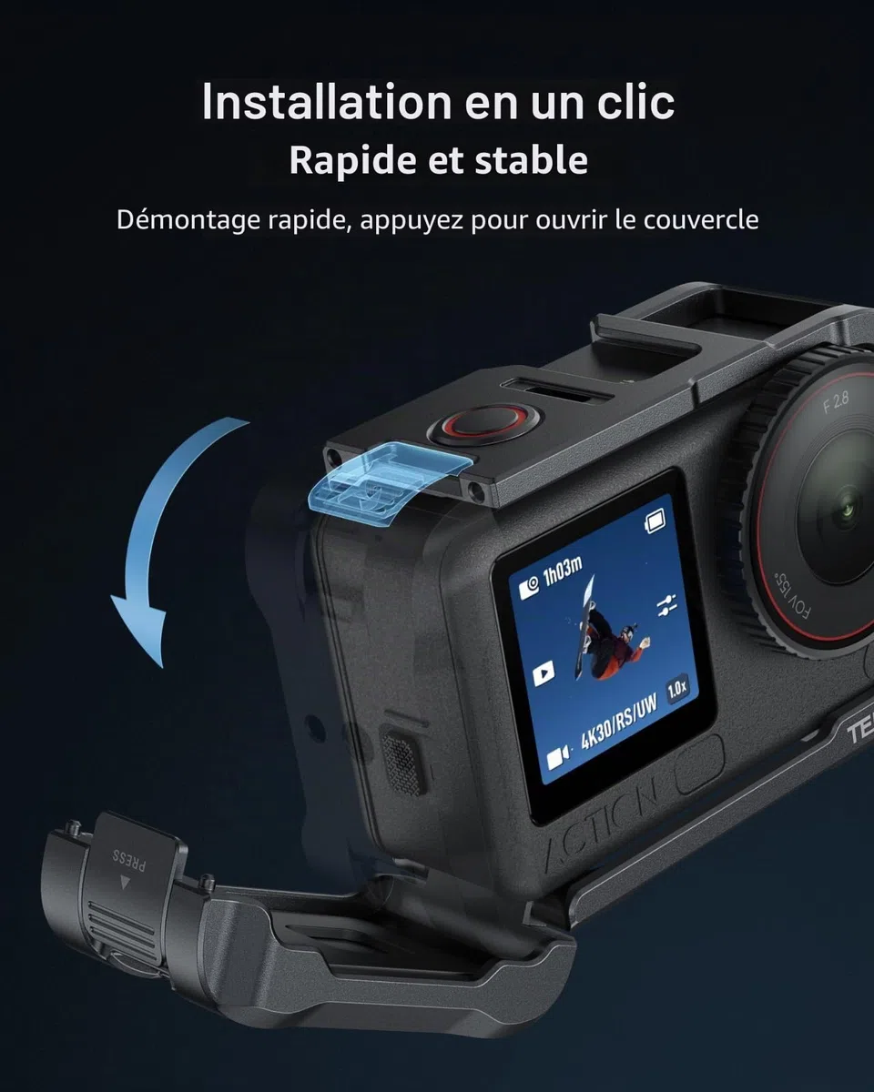 TELESIN Étui de protection en alliage d'aluminium pour DJI Osmo Action 6 avec lumière LED magnétique, boîtier en métal à dégagement rapide de type cage de lapin, vis 1/4" et sabot Cold Shoe, pour vlog