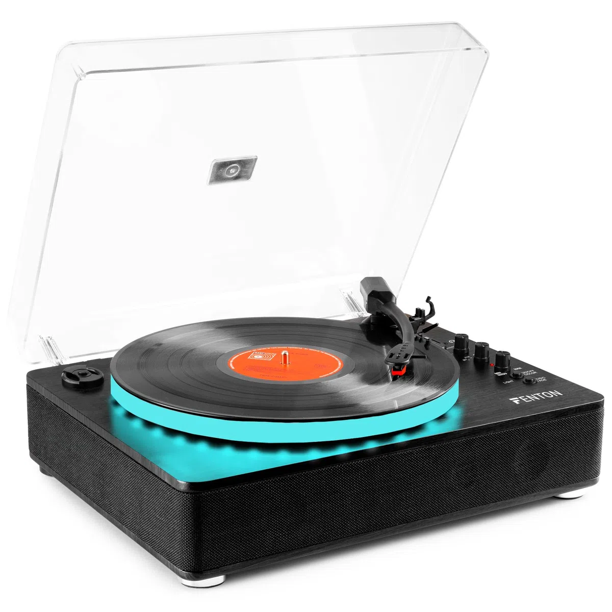 Fenton RP162LED Platine Vinyle LED BT avec Haut-Parleurs Intégrés - Noir, Lecture 33, 45 et 78 Tours, Émetteur & Récepteur BLT, Une Platine Moderne et Déco avec Son Plateau LED