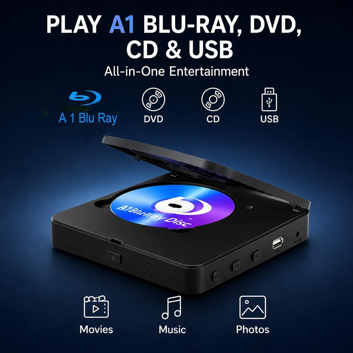 Lecteur DVD Blu Ray 1080P Full HD pour TV avec sortie HDMI AV | Dolby DTS Audio, lecture USB 128 Go, lecteur Blu-ray région A et lecteur DVD de région 1, prise en charge du cinéma maison