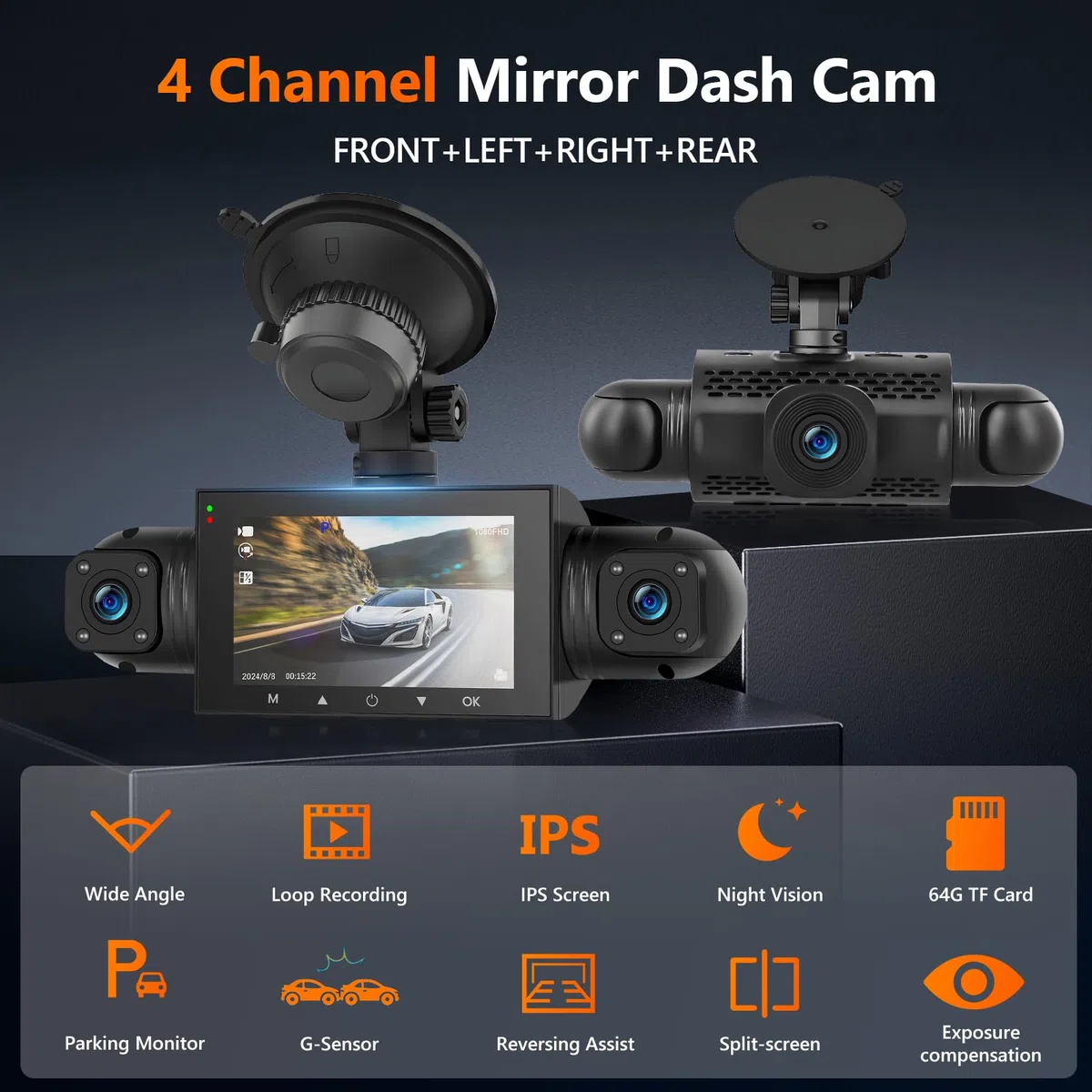 Podofo Mirror Dash Cam 4 Channel Front and Rear View Mirror Camera with 64GB Card, G-Sensor, Night Vision, 24H Parking Mode, Waterproof 1080P Camera