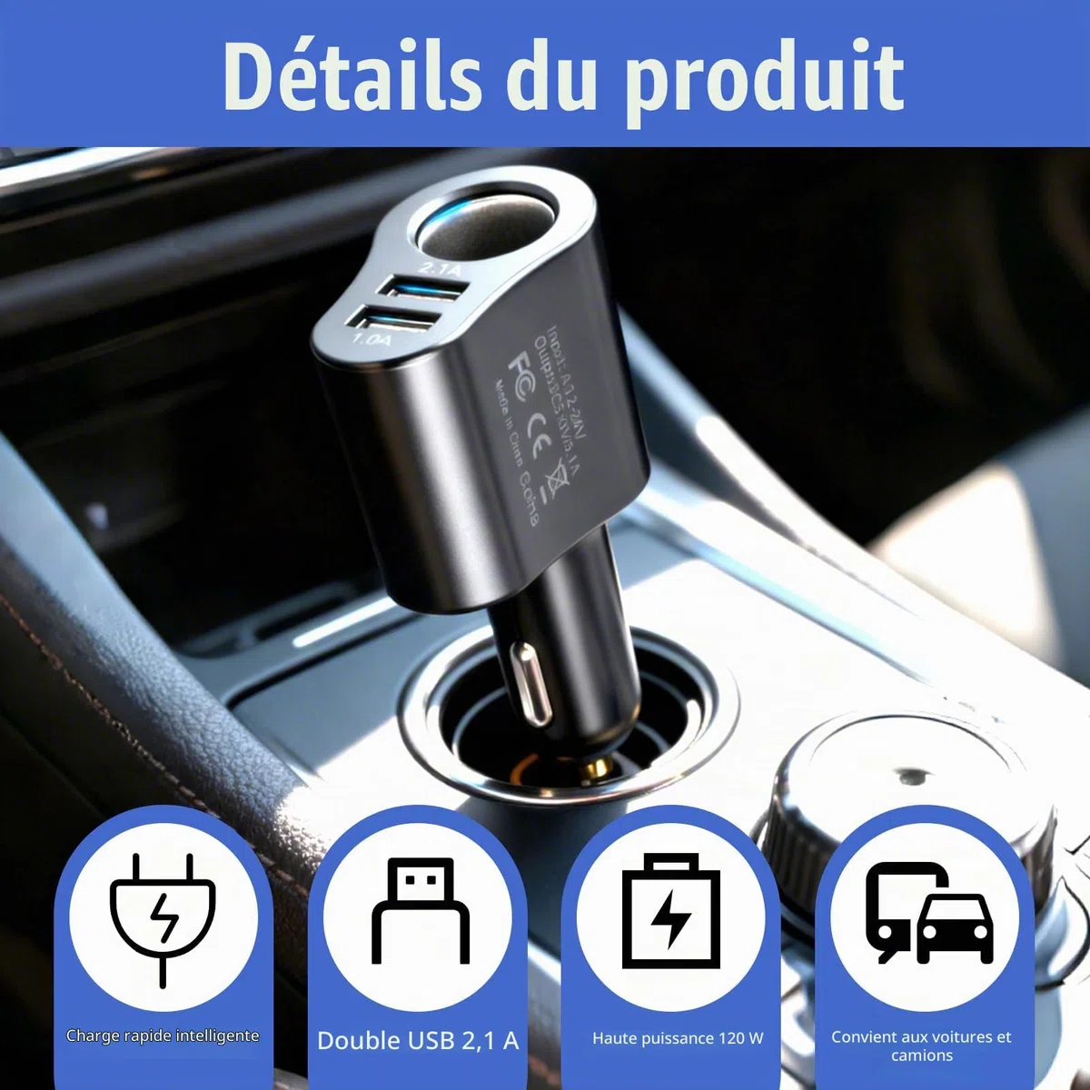 Chargeur Allume Cigare USB, 3 en 1 Chargeur Voiture 12V/24V 60W | Adaptateur Allume-Cigare Car Charger USB Type C Rapide 2.1A pour iphone 16 15 14 13 12 11 GalaxyS25 S24 GPS Dash Cam Tablette