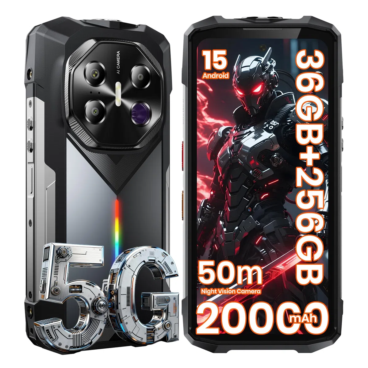 FOSSiBOT F113 5G Téléphone Portable Incassable Vision Nocturne 64MP, 20000mAh, 36Go+256Go, Smartphone Incassable Écran FHD+ 6,78" 120Hz, Android 15 Caméra 50MP Dual SIM IP68/IP69K/NFC/Face ID (Gris)