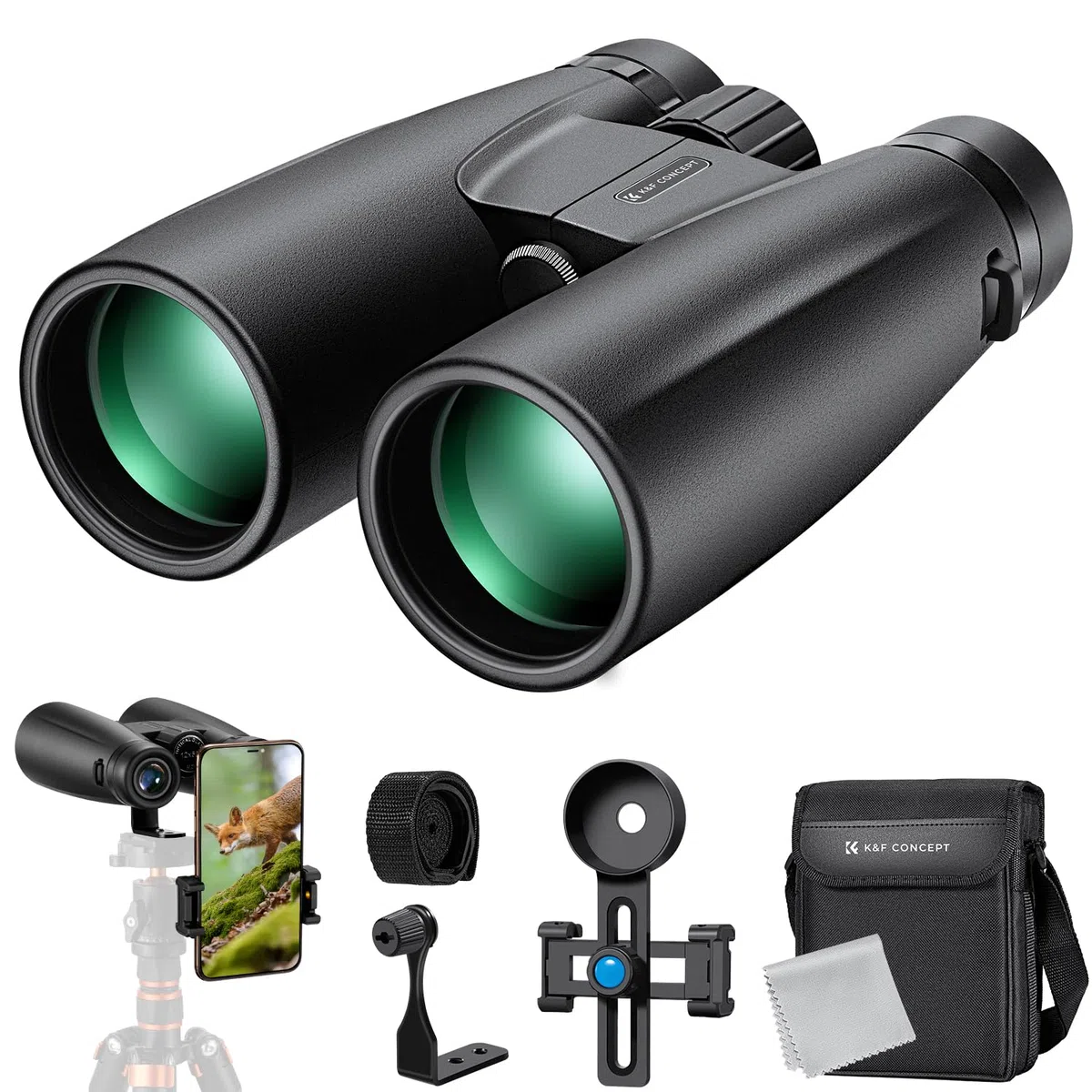 K&F CONCEPT Jumelles Adultes 12 * 50 HD Noir avec Support pour Téléphone Portable et Support de Conversion en Trépied pour Extérieur Chasse, Observation Oiseaux, Voyage, Randonnee | avec Support pour Téléphone et Support de Conversion en Trépied pour Exté