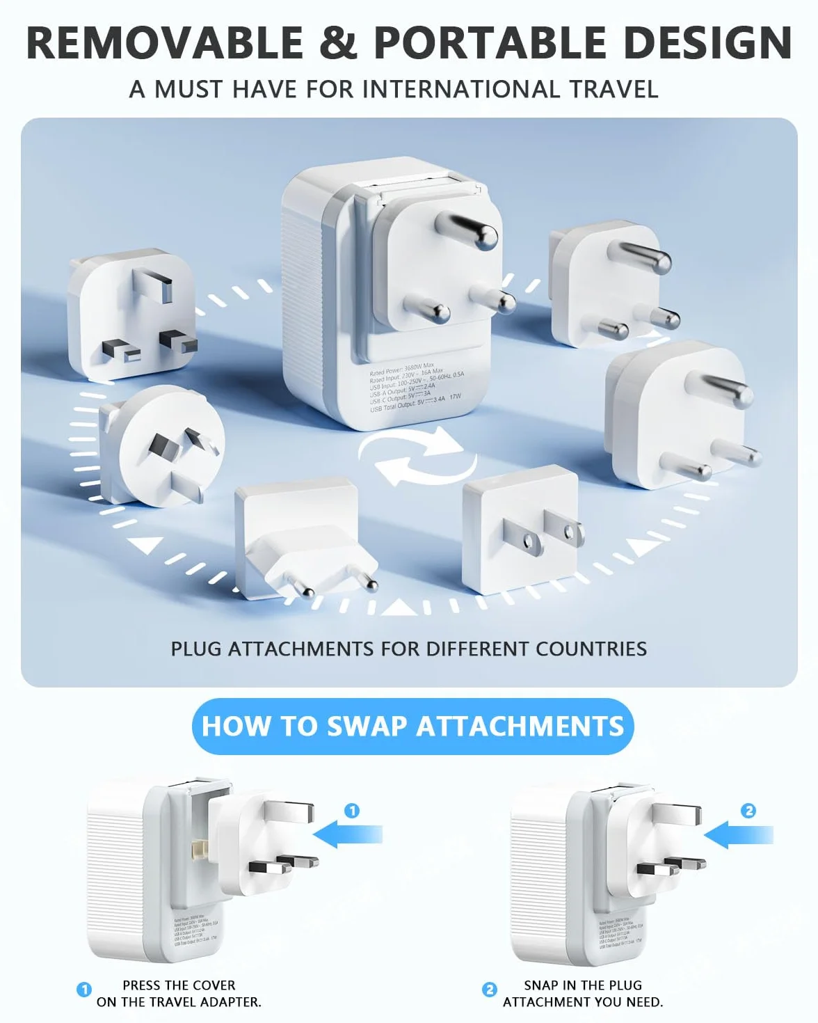 Set d'adaptateur de Voyage International, Adaptateur de Prise Universel avec 4 USB (2 USB-C), Type A/C/G/I/M/D pour US/EU/UK/Afrique du Sud/Japon/Chine/Australie/Inde