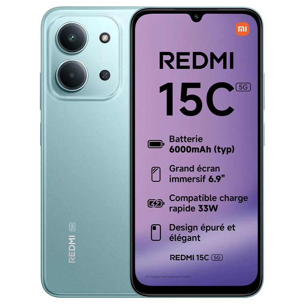 XIAOMI REDMI 15C 5G Smartphone 4+128 Go Double Caméra IA 50 MP - Vert | Écran 6,9 pouces 120 Hz, batterie 6000 mAh, 5G, MediaTek Dimensity 6300 6 nm Octa-Core, chargeur non inclus