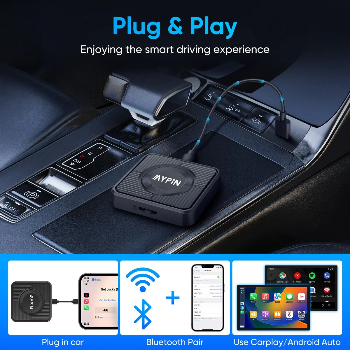 MYPIN Adaptateur CarPlay sans Fil 3-en-1, Convertisseur Le Filaire en sans Fil | Plug and Play | USB Type-C et Type A | pour iPhone et Android (Noir) | Prise en charge Netflix/YouTube et fente pour carte TF, Plug & Play, compatible avec USB Type-C/A, pour