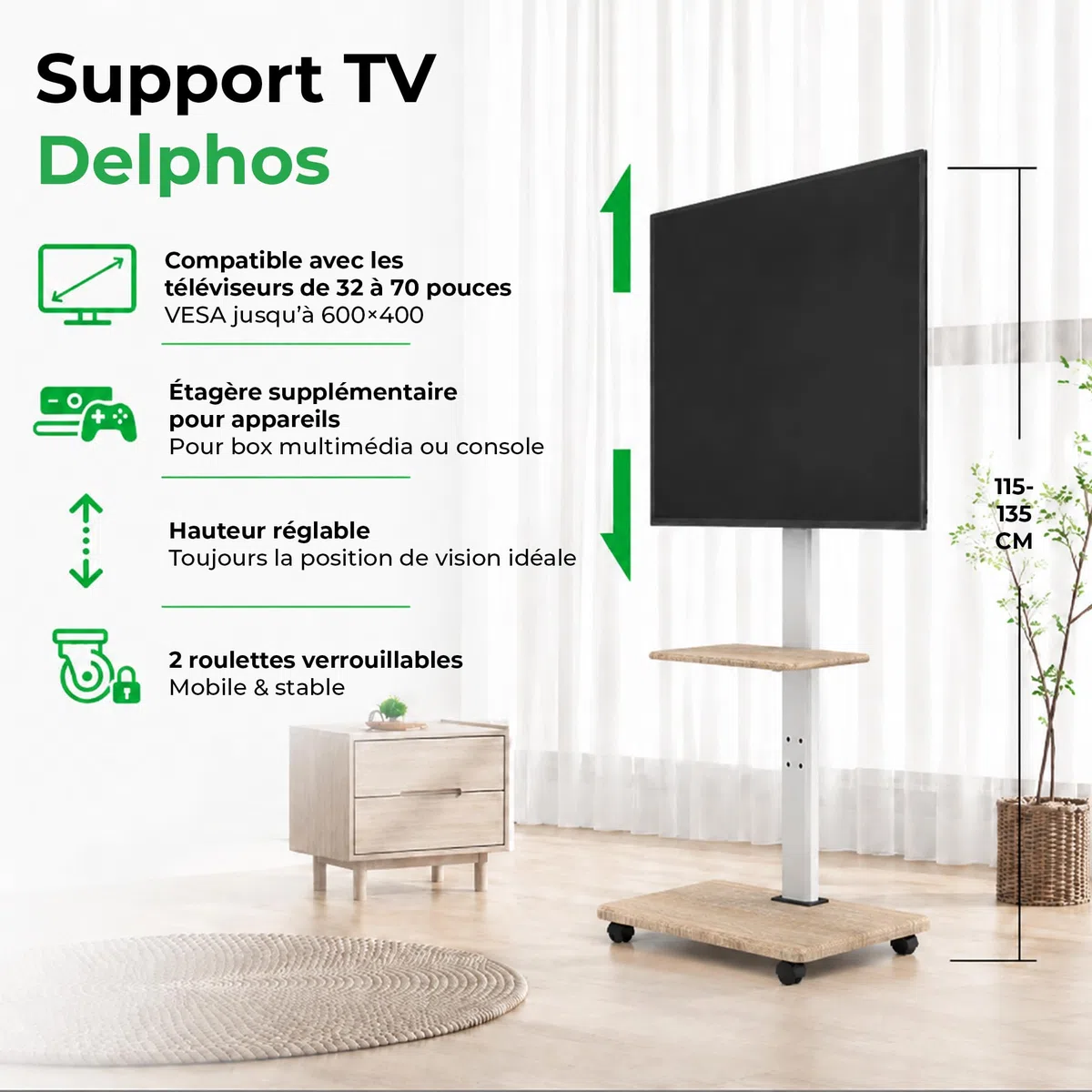 Delphos Support TV Mobile avec Socle en Bois, Meuble TV à roulettes 32-70" jusqu'à 45 kg, Chariot Meuble TV réglable en Hauteur jusqu'à env. 130 cm, Rotatif ±25° Max. VESA 600x400 Blanc