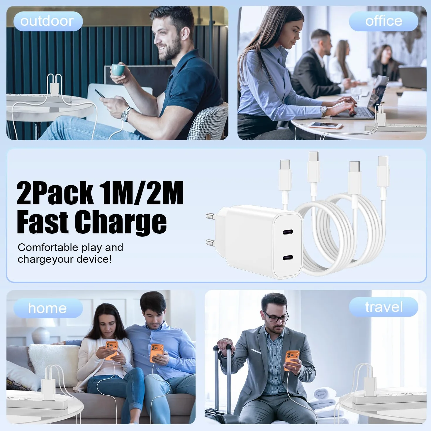 Chargeur Rapide USB C 45W 2 Ports pour iPhone 17 16 15 Pro Max avec Câble USB C 1M+2M Blanc