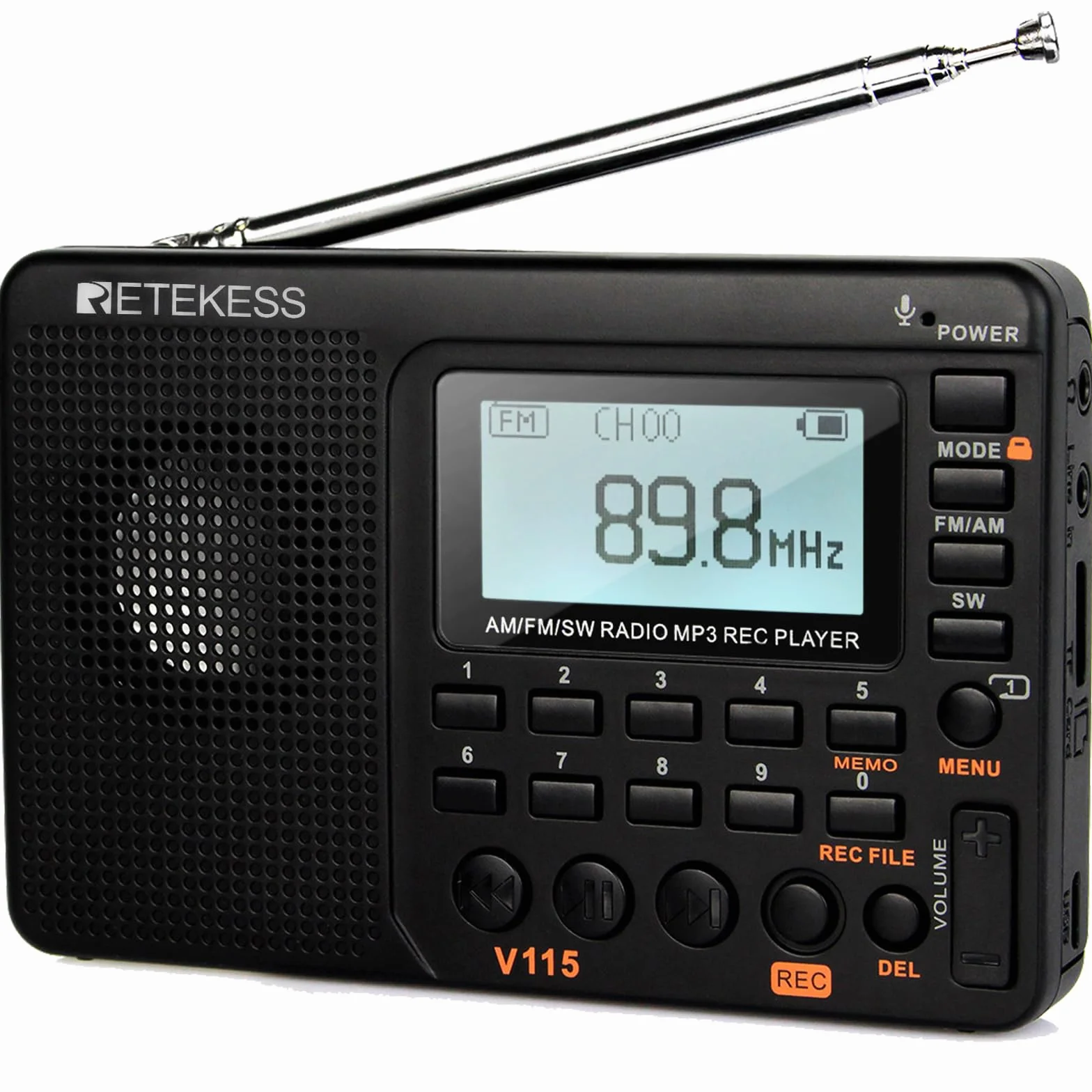 Retekess V115 Radio Portable FM AM SW Rechargeable Piles Secteur Carte TF Enregistreur MP3 Noir