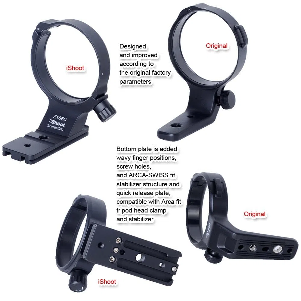 iShoot Bague de Fixation pour trépied Compatible avec Nikon Nikkor Z 180-600 mm F5.6-6.3 VR, Support d'objectif inférieur Arca-Swiss Fit Plaque à dégagement Rapide pour trépied Arca et stabilisateur