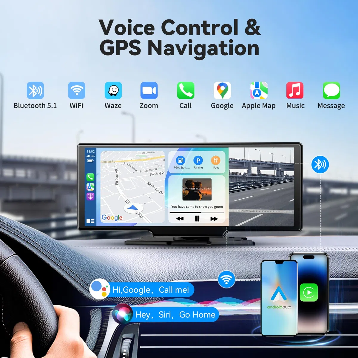 Écran Carplay sans Fil 4K 10,26 Pouces pour Voiture Android Carplay,écran de Voiture Android avec AUX/FM,Caméra embarquée,caméra de recul,Lien Miroir,Bluetooth,Navigation pour Tous Les véhicules